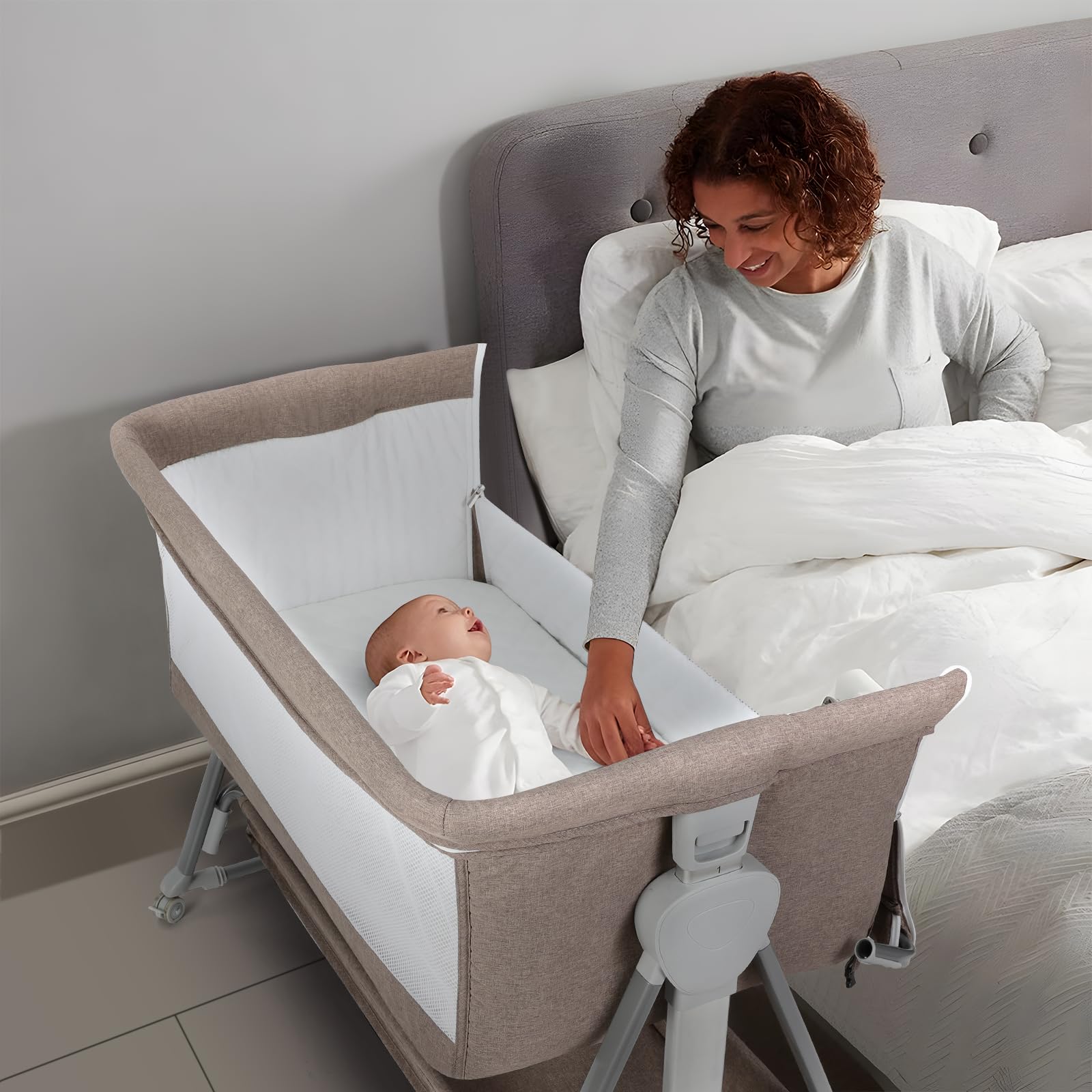 Cowiewie Portable Baby Bassinet - Light Brown Folding Bedside Sleeper with Storage Basket & Wheels for Newborns | Nursery, Bedroom & Travel Use | Reduce Mom's Fatigue
