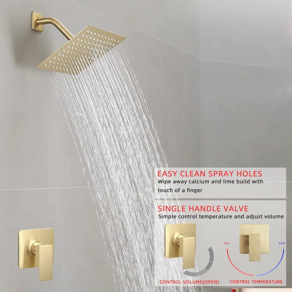 Brushed Gold Shower Faucet Set - Stainless Steel Rainfall Shower System with Single Function Trim Kit & Rough-in Valve | Perfect for Modern Bathroom & Spa-Like Shower Experience