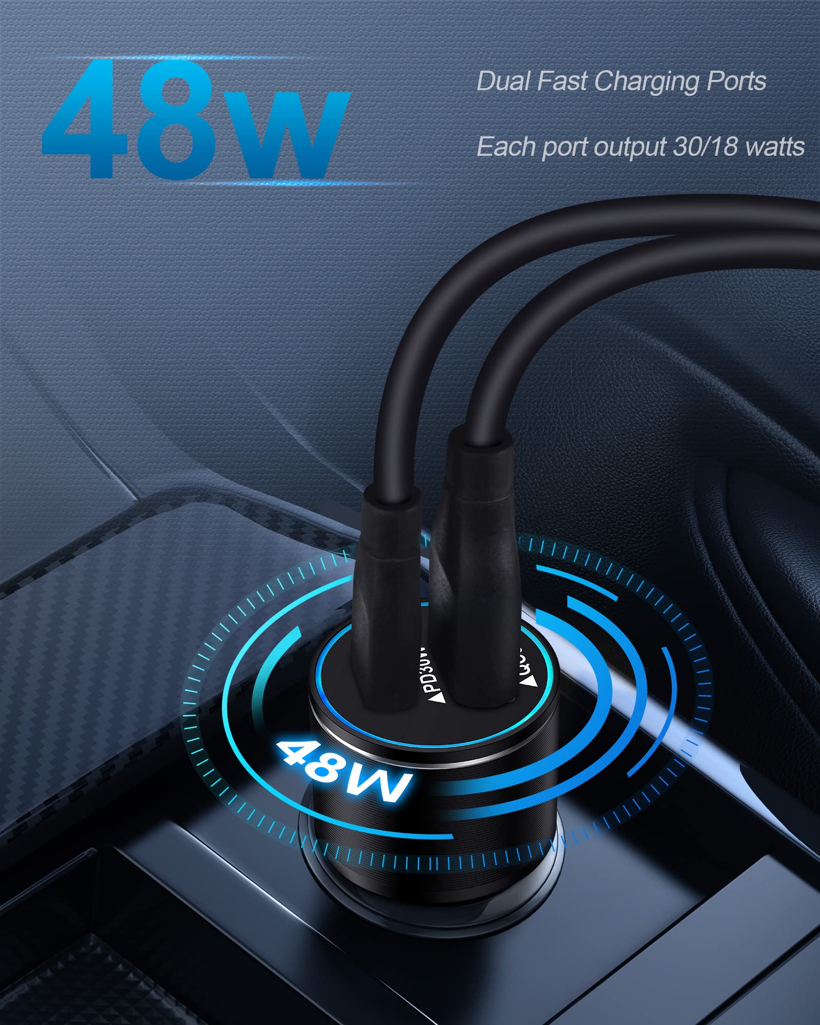 12V Dual Port USB C Car Charger - 30W & 18W Super Fast Charging Cigarette Lighter Adapter for iPhone, Samsung Galaxy, Google Pixel - Perfect for Road Trips & Long Drives