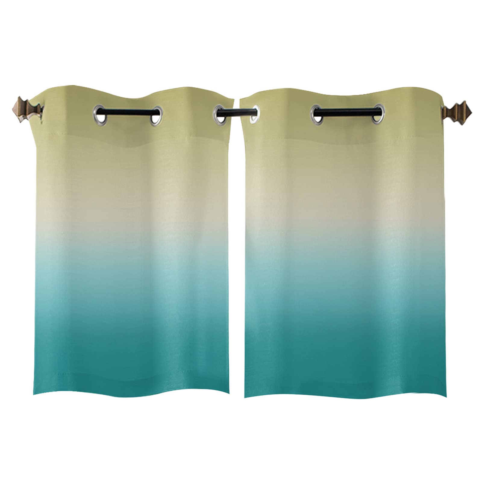 Sheer Curtains Yellow Cyan Turquoise Gradient - 2 Panels Kitchen Tier Grommet Window Drapes 39 Inch Length for Living Room, Bedroom, Patio & Sliding Glass Door - Light Filtering Privacy & Stylish Home Decor