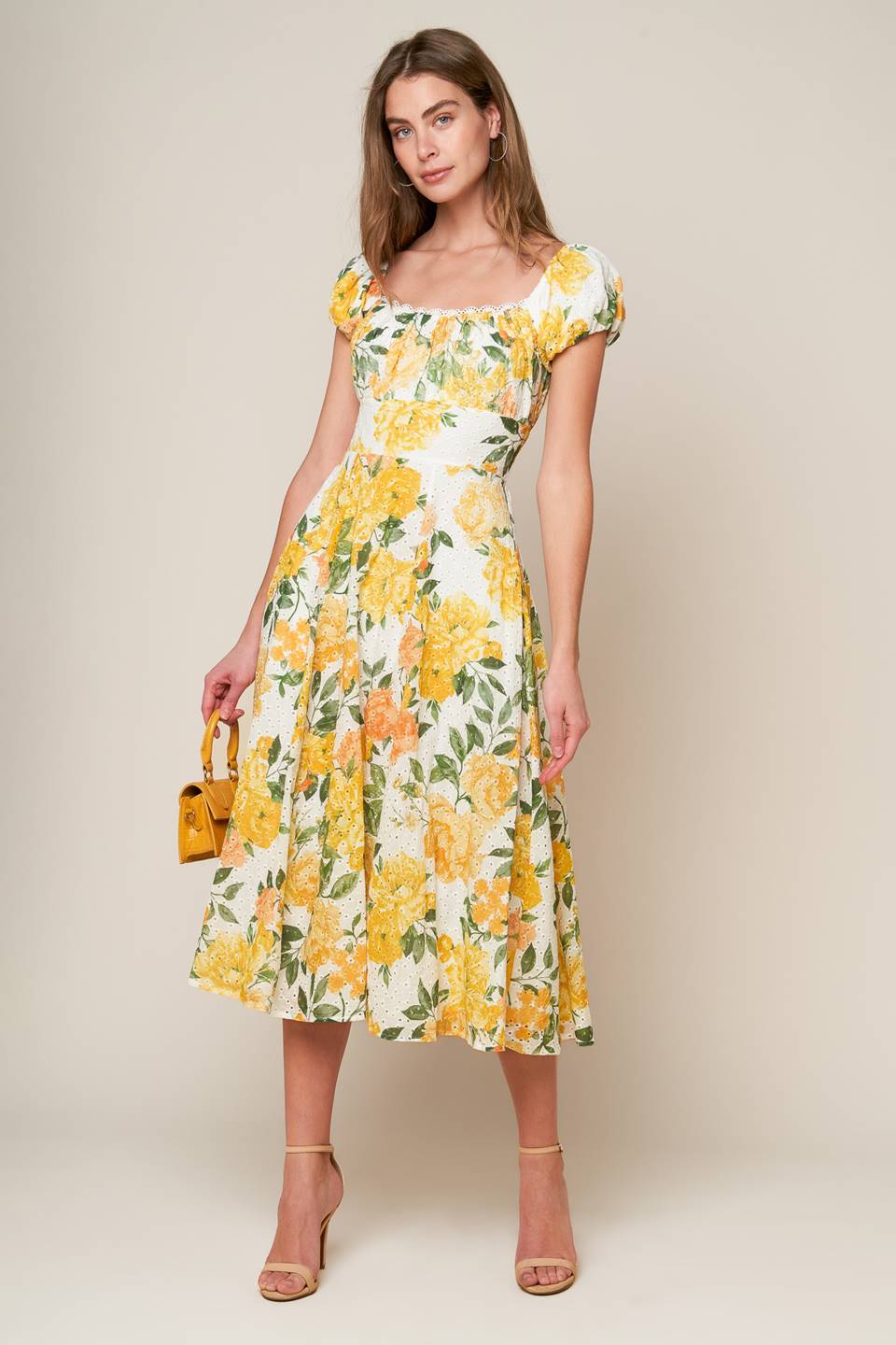 Garden of Dreams Yellow Eyelet Midi Dress - Perfect for Summer Weddings, Beach Vacations & Casual Outings