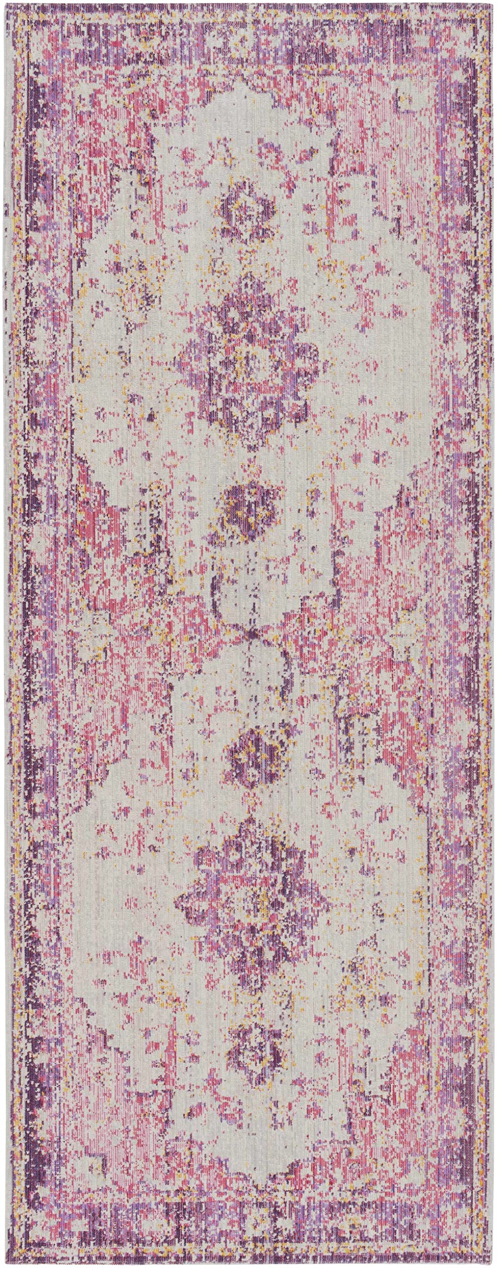 Bohemian Vintage Distressed Low Pile Area Rug - Pink, Purple, Grey, Yellow - 2' x 2'11