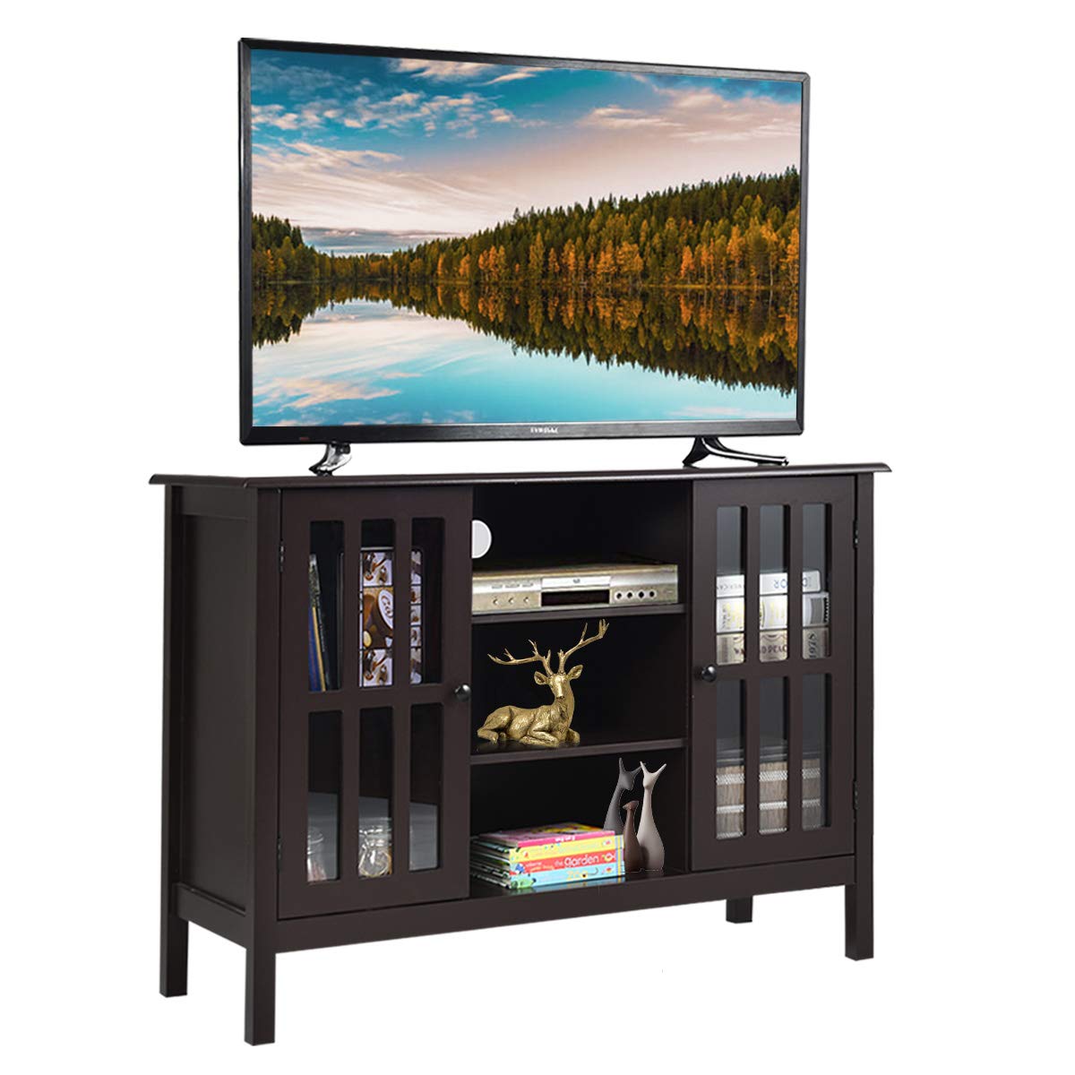 Tangkula 50 Inch Modern TV Stand with Storage - Tall Entertainment Center for Living Room, Wood Media Console with 2 Cabinets & 3 Open Shelves, Wire Management Hole - Perfect for Home Theater Setup & Living Room Organization (Brown)