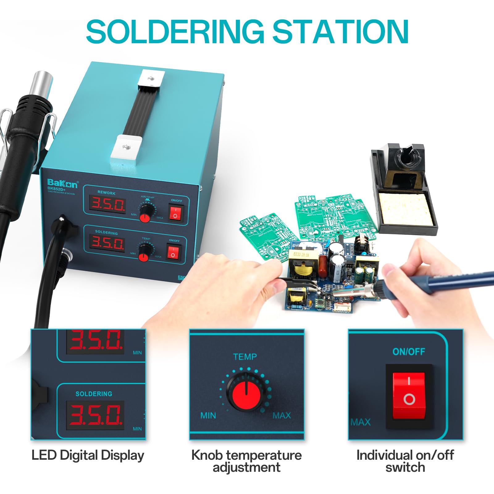 **BK852D+ 2-in-1 Heat Gun & Soldering Iron Kit – SMD Hot Air Rework Station with Digital Display & Adjustable Temperature – Perfect for Electronics Repair, DIY Projects, and PCB Soldering**