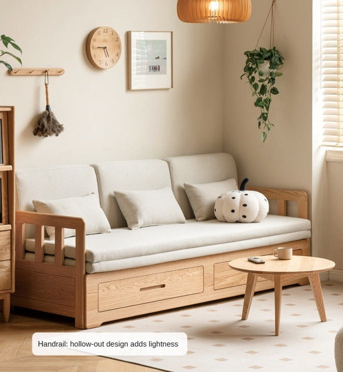 Solid Oak Wood Sofa Bed with Folding & Retractable Storage | Convertible Sleeper for Small Spaces, Guest Rooms & Apartments