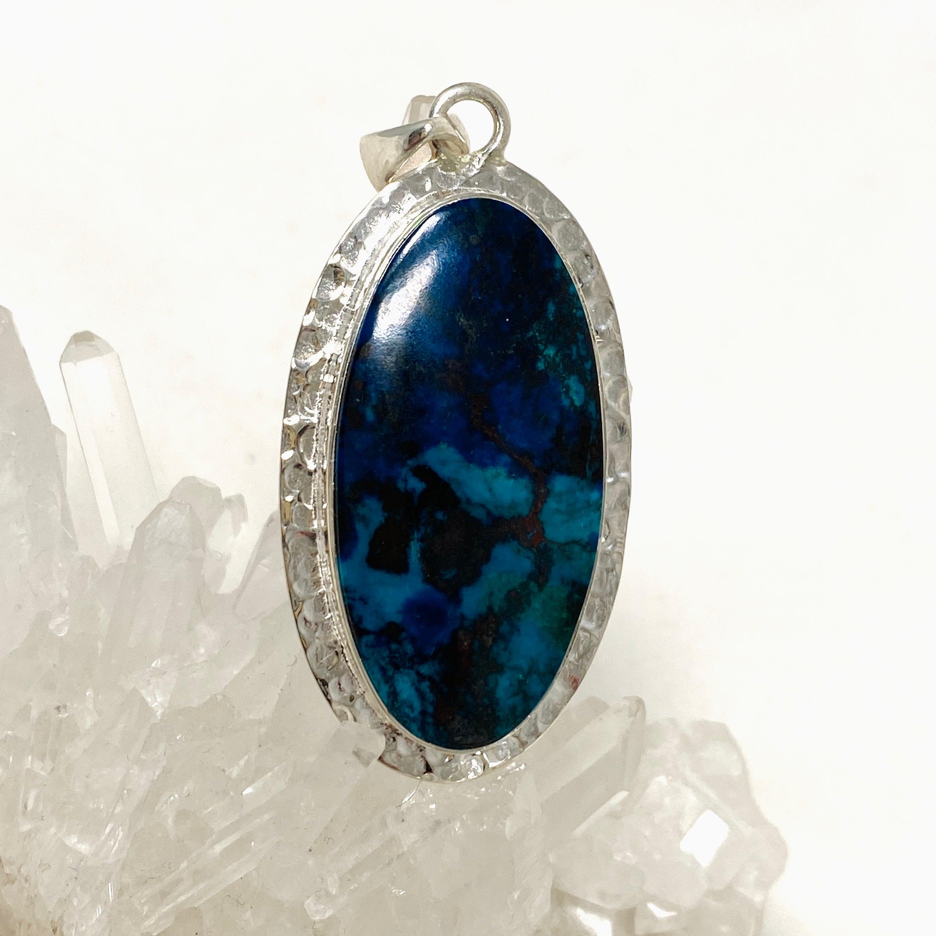 Natural Shattuckite with Cuprite Oval Pendant Necklace - Handcrafted Hammered Silver Jewelry KPGJ4417 | Healing Crystal Gift for Meditation & Spiritual Energy