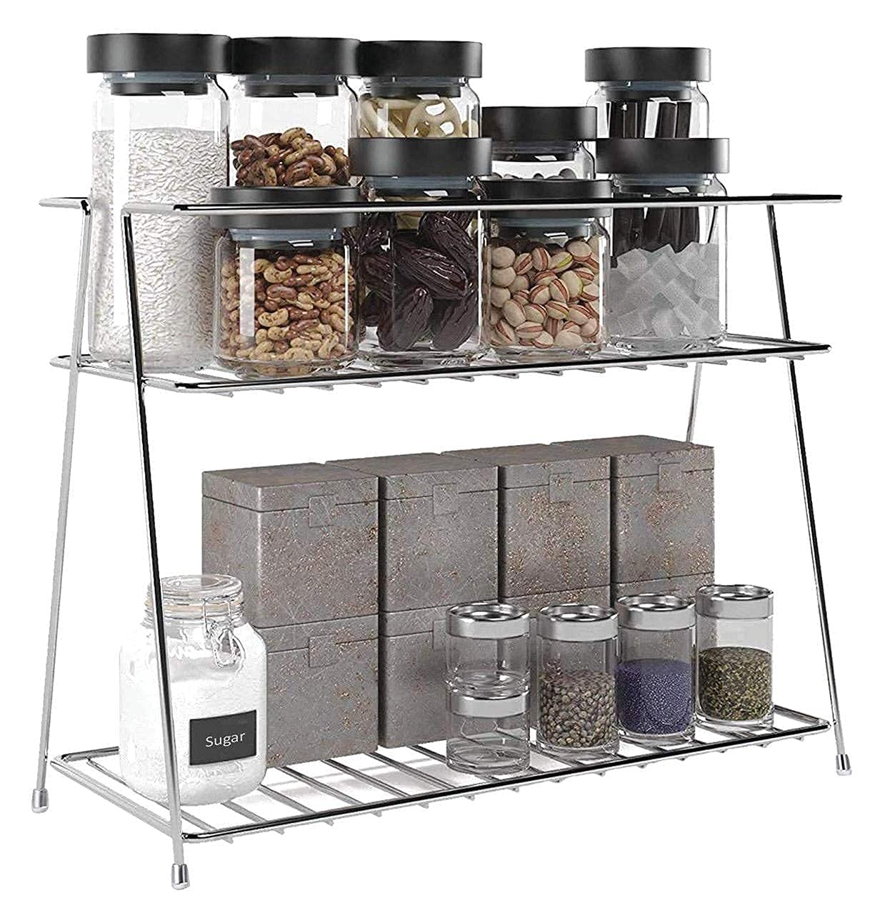 12-Piece Multipurpose Stainless Steel Spice Rack & Cup Holder - 2-Tier Kitchen Storage Shelf with 12 Hooks for Mugs, Spices & Utensils - Perfect for Coffee Bars, Pantry Organization & Small Space Storage