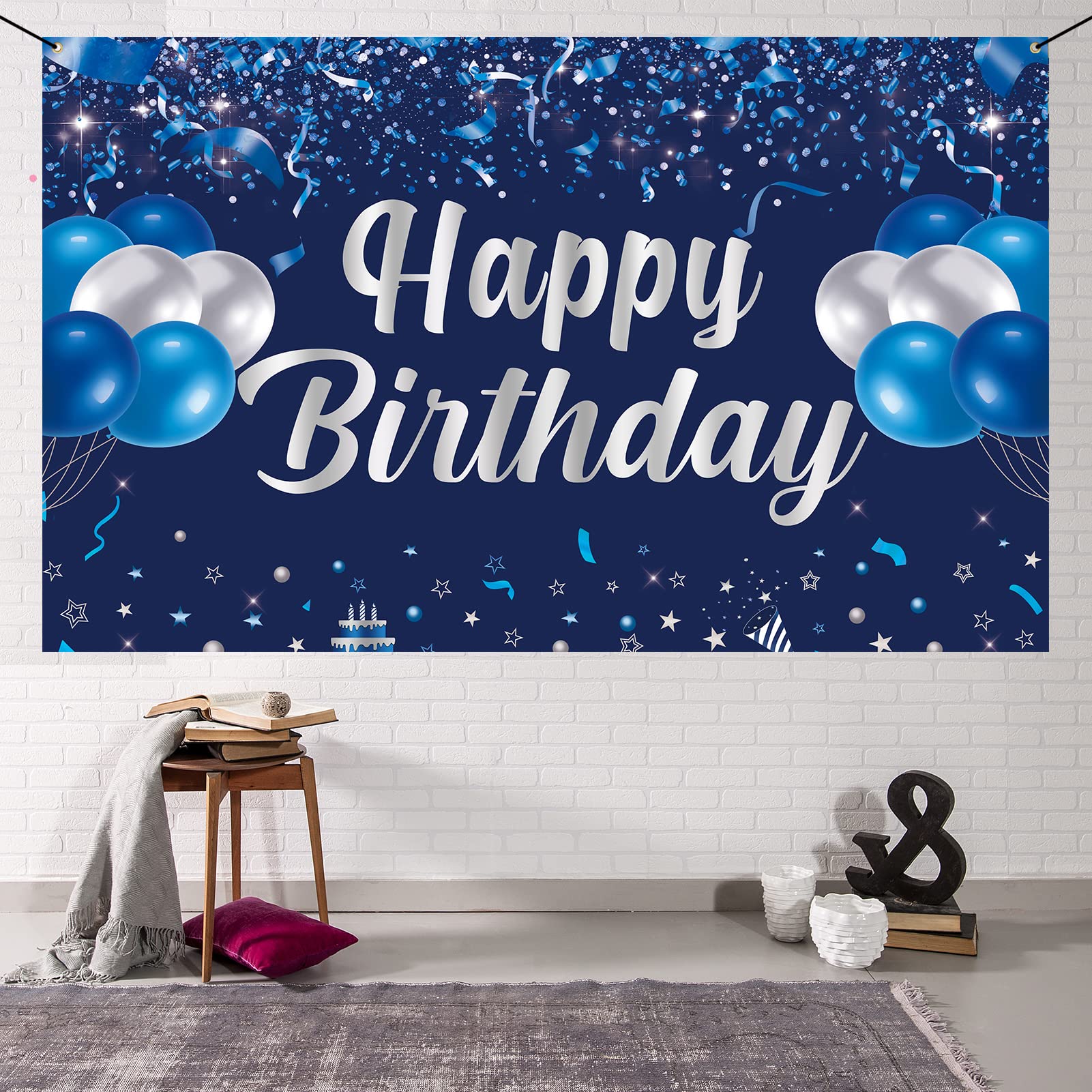 Blue and Silver Happy Birthday Banner Backdrop - Party Decorations for Men, Women, Kids - Indoor/Outdoor Photo Background - Perfect for Birthday Parties, Celebrations & Gift Giving