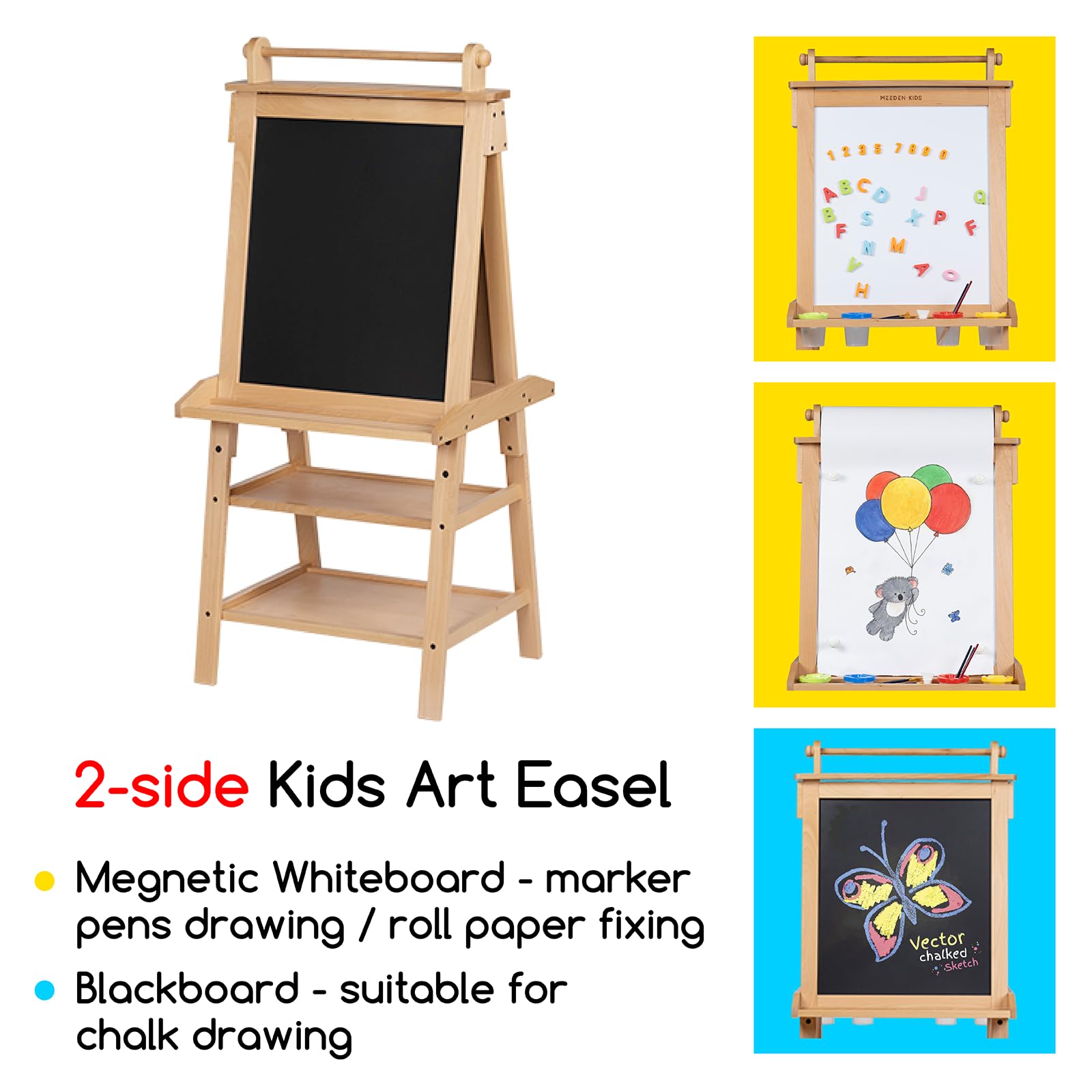 MEEDEN Kids Art Easel - Adjustable Beechwood Standing Easel with Paper Roll, Chalkboard & Magnetic Whiteboard - Perfect for Home, Classroom & Art Studio - Creative Drawing & Painting Supplies for Children