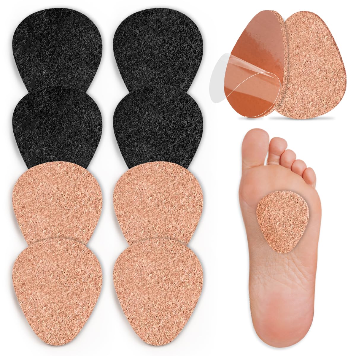 8-Pack Wool Felt Metatarsal Pads for Morton's Neuroma Relief - Self-Adhesive Gel Ball of Foot Cushions for High Heels & Dress Shoes - 0.2