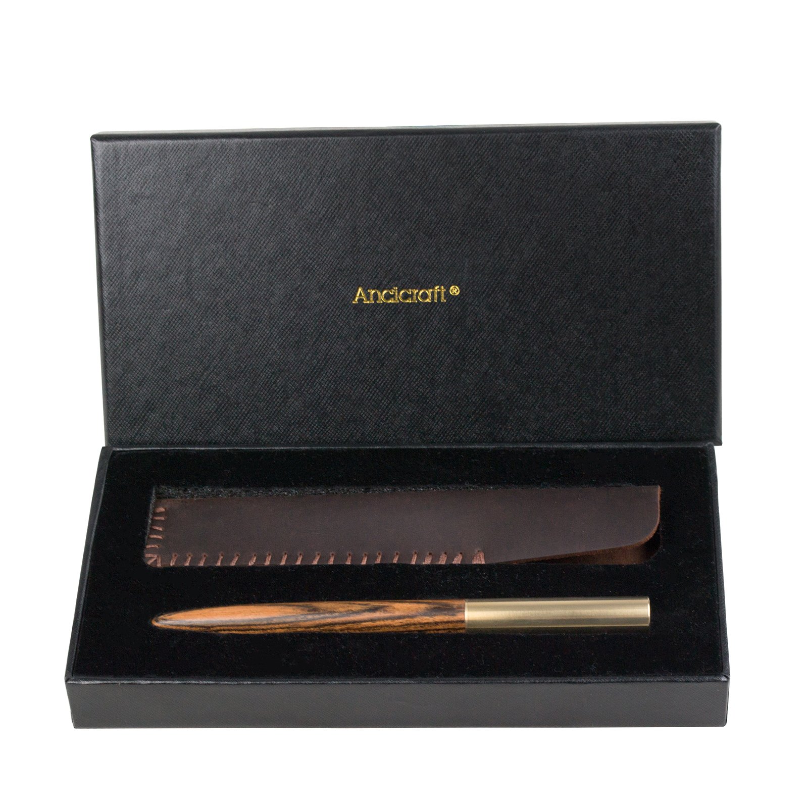 Ancicraft Premium Black Rollerball Gel Pen - Handcrafted Solid Wood Vintage Style Writing Instrument with Genuine Leather Pen Holder (Tiger Ebony) - Perfect for Office, Journaling, Calligraphy & Gift Giving