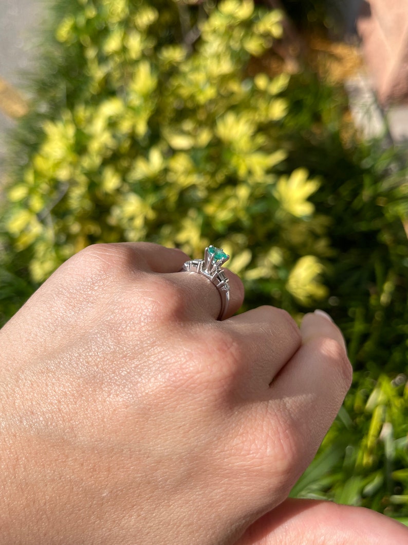 14K Colombian Emerald Ring - 1.10tcw Round Cut & Tapered Baguette Semi-Transparent Gold Jewelry for Women | Perfect for Engagement, Wedding, Anniversary & Special Occasions