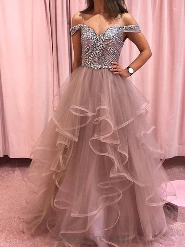 Elegant Off Shoulder Beaded Bodice Ruffle Skirt Long Evening Prom Dress for Women - Perfect for Formal Events, Homecoming, Wedding Guest & Special Occasions