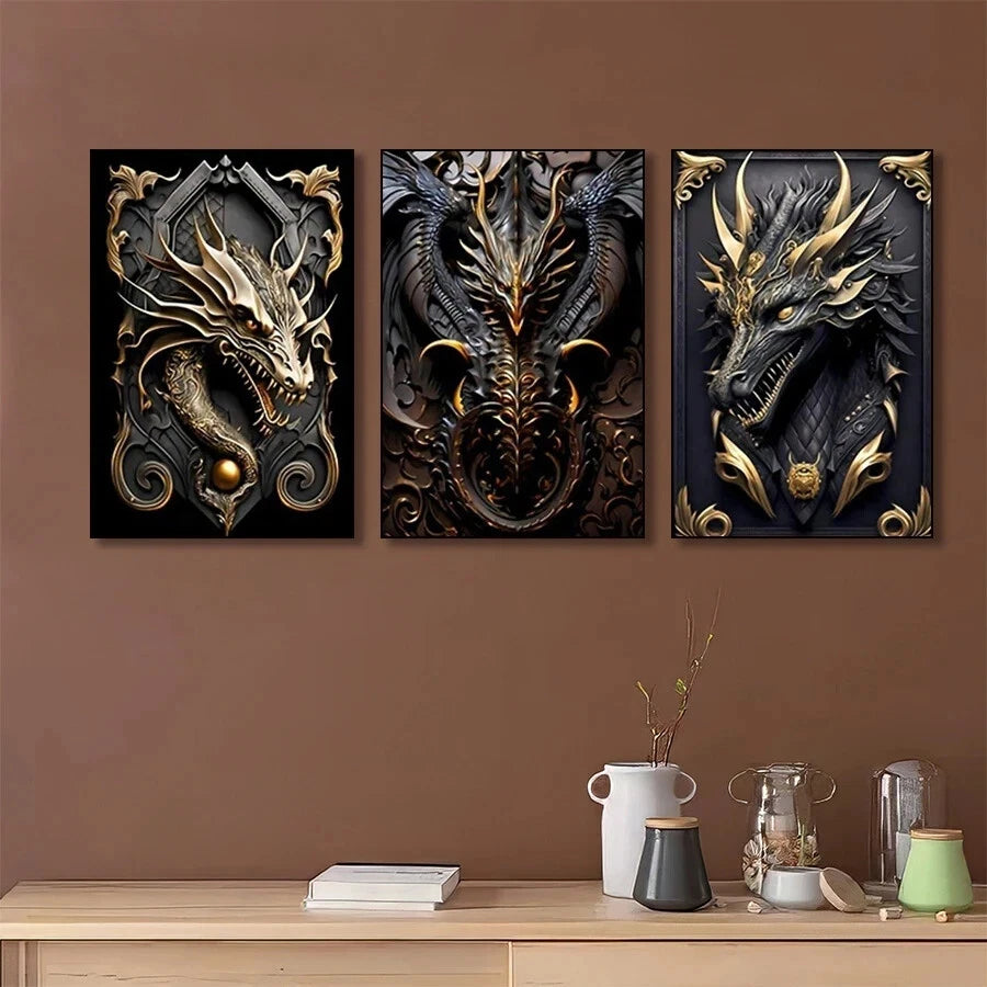 3-Piece Abstract Black and Gold Dragons Metal Wall Art - Ready to Hang Modern Home Decor for Living Room, Bedroom & Office