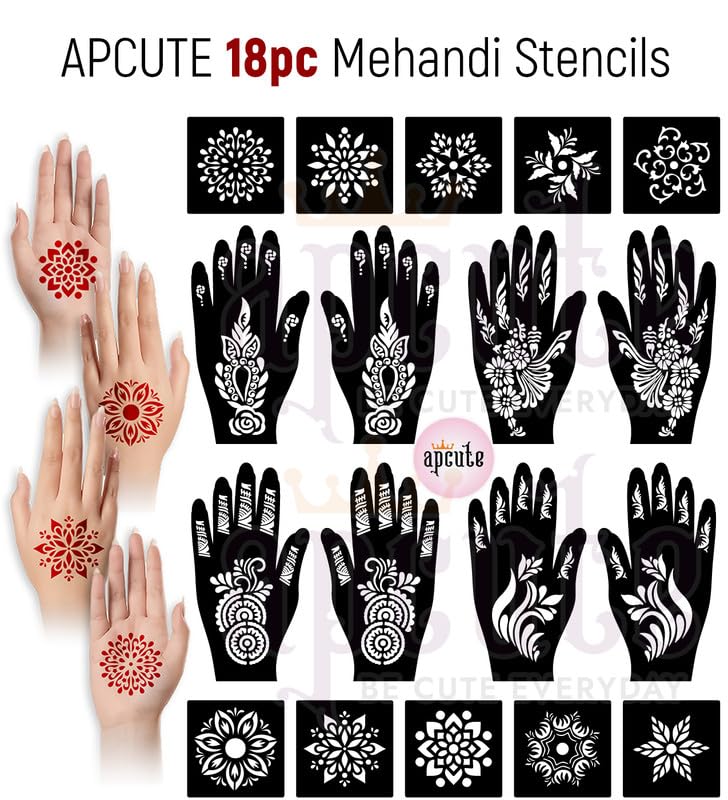 APCUTE Temporary Mehndi Tattoo Stencil Kit - 18 Piece Henna Design Set for Women, Girls & Kids | Easy 4-Step Application | Perfect for Weddings, Festivals & DIY Body Art
