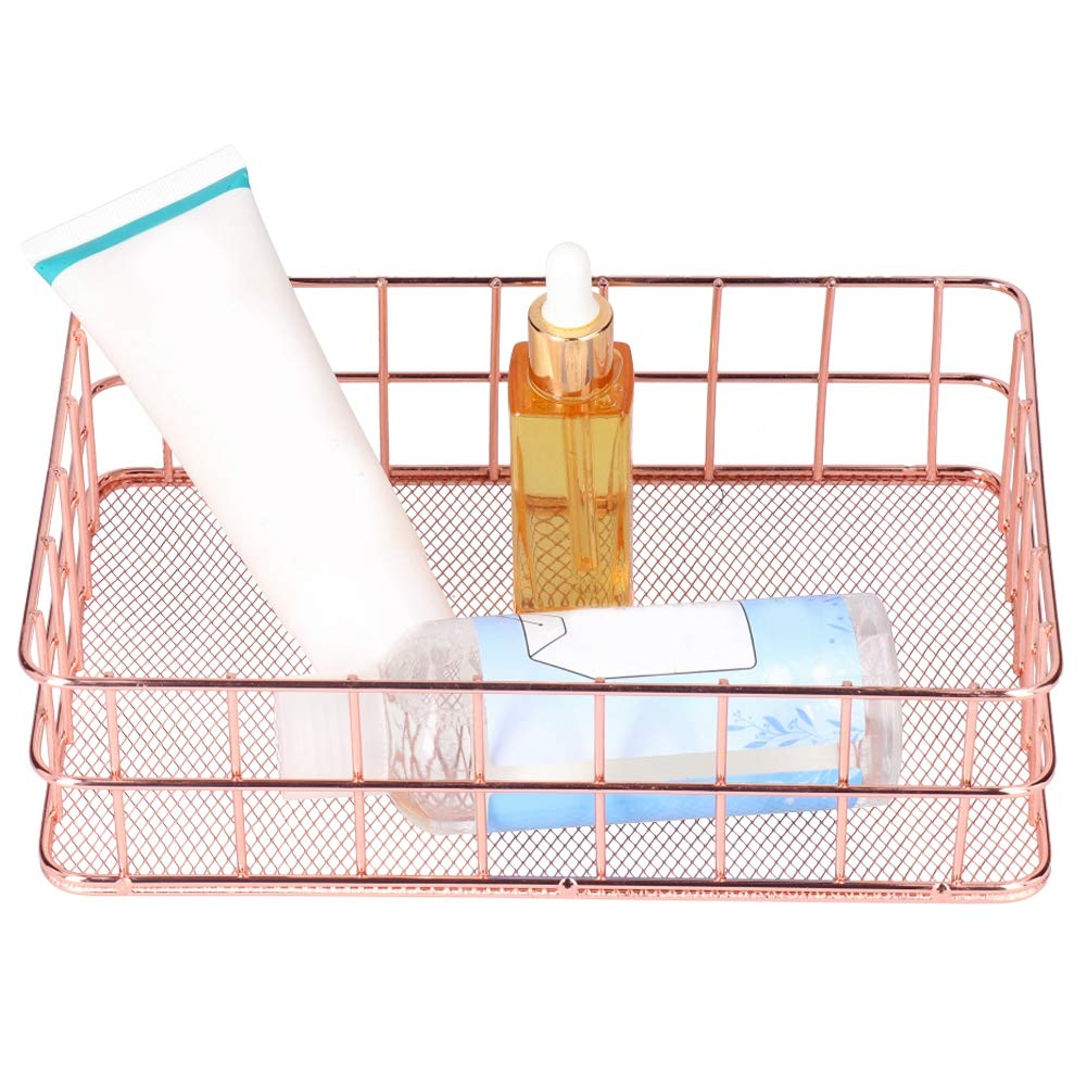 Rose Gold Wrought Iron Storage Basket Set of 2 - Large Desktop Organizer for Kitchen Cabinets, Pantry & Bathroom - Perfect for Home Organization, Office Supplies Storage & Decorative Display