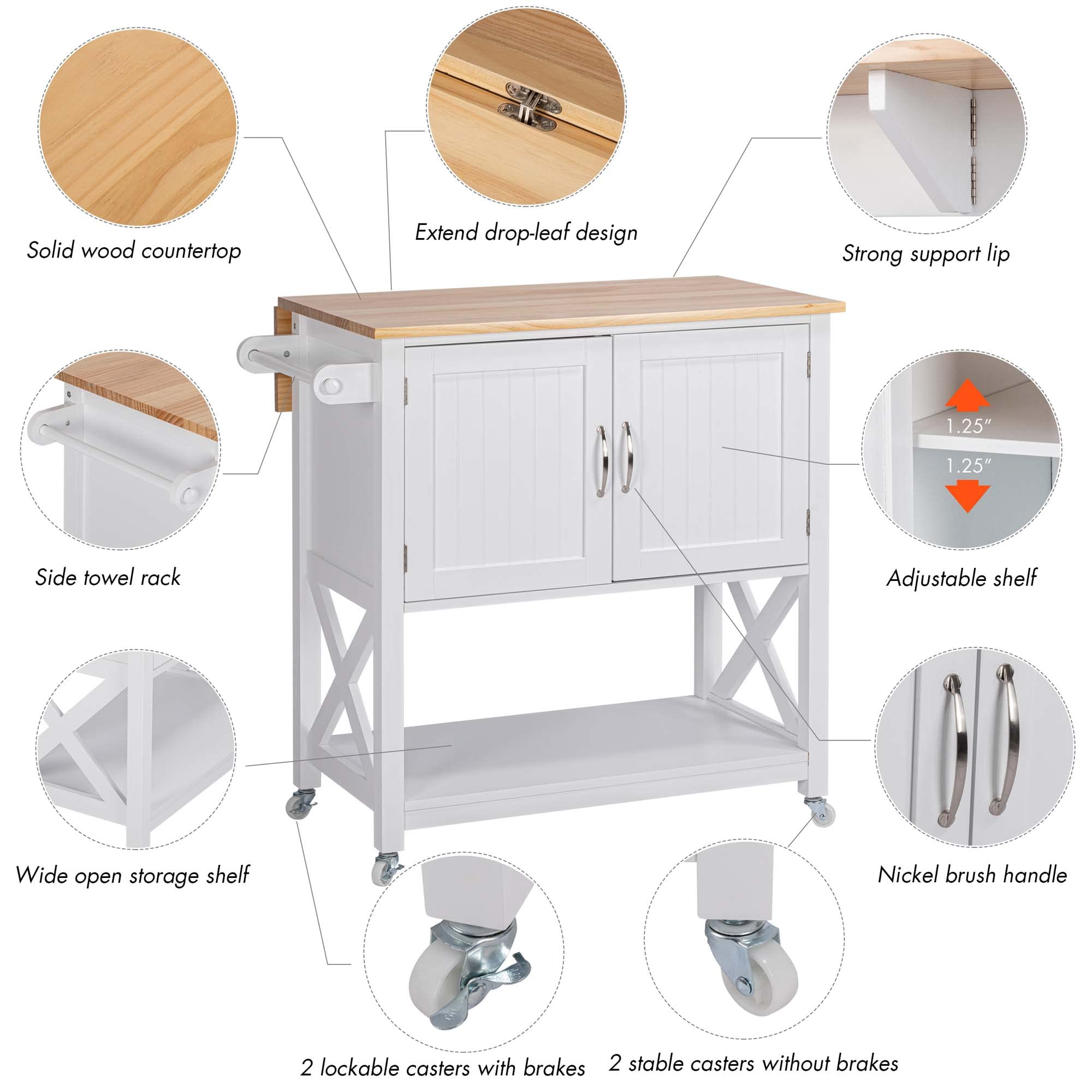Spirich Kitchen Island on Wheels with Storage Cabinet - White Rolling Kitchen Cart with Drop Leaf & Towel Rack | Portable Mobile Workstation for Small Kitchens, Dining Rooms & Apartments | Perfect for Food Prep, Extra Counter Space & Storage Organization