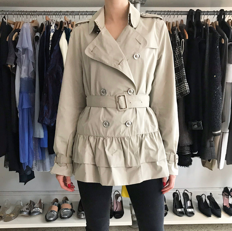 Burberry London Beige Short Ruffle Belted Trench Coat Jacket for Women - Classic Waterproof Outerwear for Fall & Winter | Perfect for Office, Dating & Travel