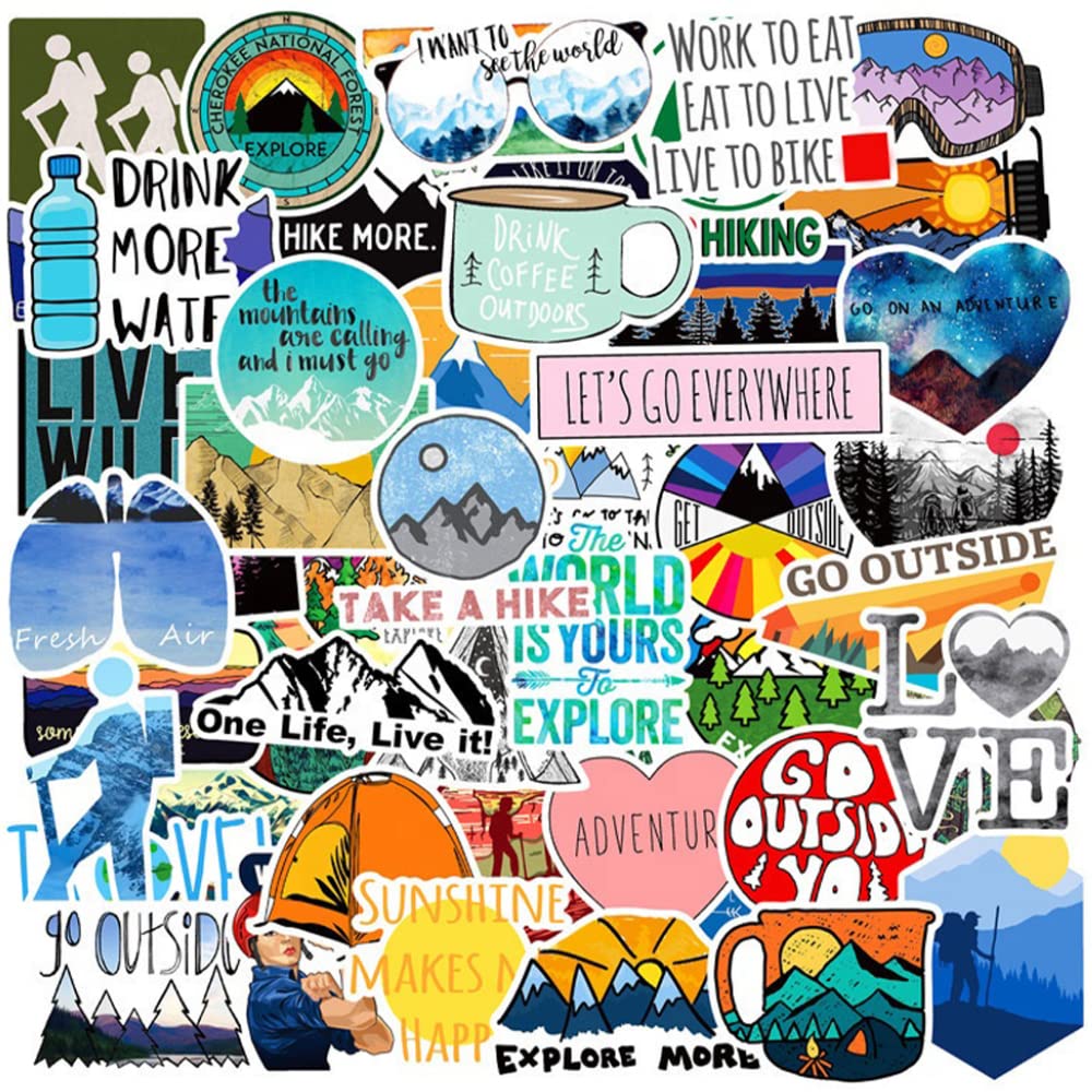 50-Piece Adventure Nature Stickers Pack - Waterproof Vinyl Decals for Hiking, Camping, Travel | Perfect for Car Bumper, Helmet, Luggage, Laptop & Water Bottle | Outdoor Enthusiast Gift (GlibertVillageGoods) | Great for Backpacking Gear, Coolers & Adventure Journals