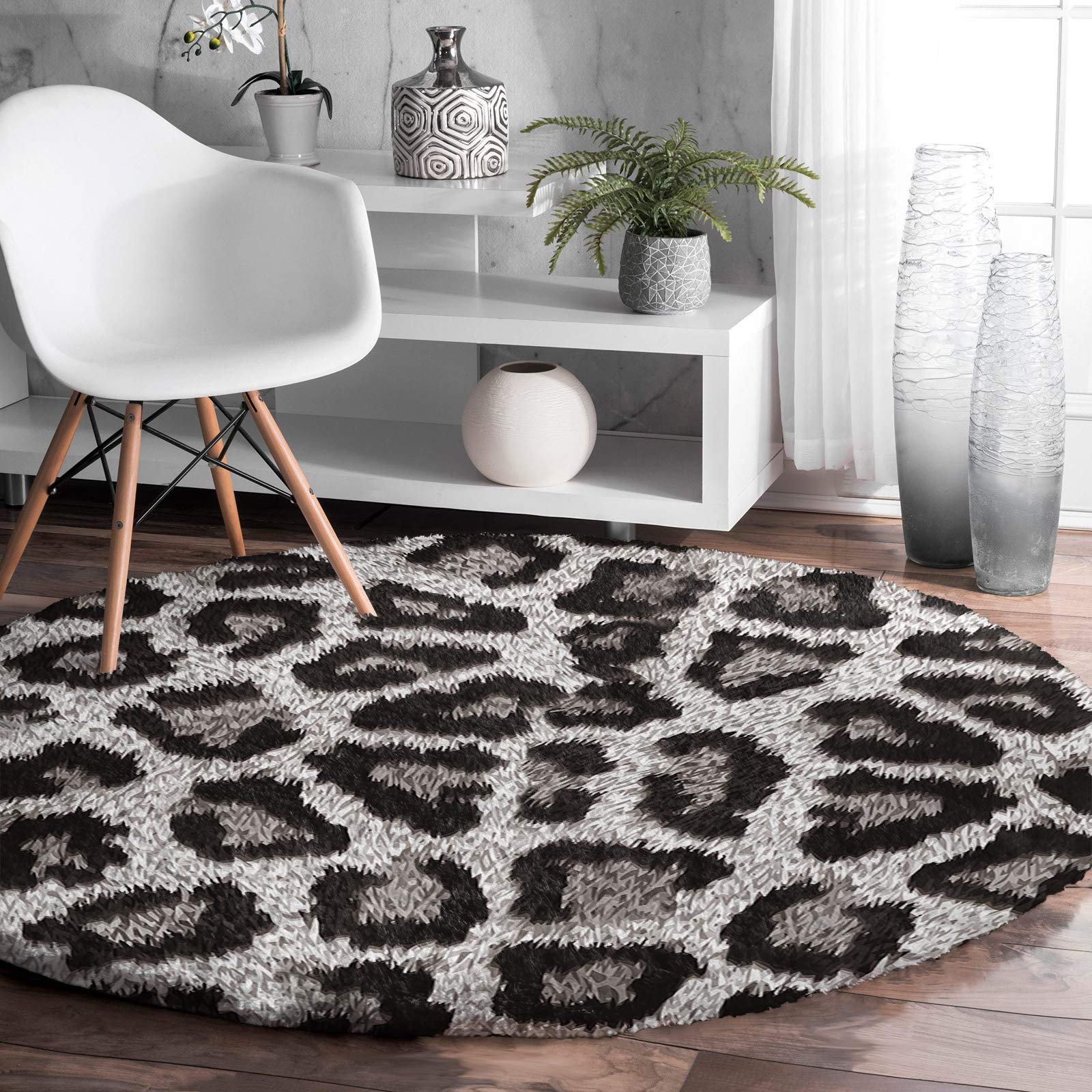 Fluffy Round Area Rug 3.3ft - Soft Leopard Print Cheetah Shaggy Carpet | Non-Slip Fuzzy Circular Floor Mat for Living Room, Bedroom, Nursery | Cozy Home Decor Accent for Kids Room, Dorm & Apartment
