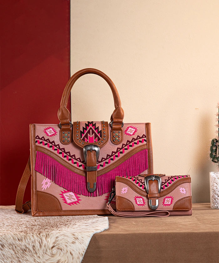 Montana West Genuine Leather Buckle Western Tote Bag Set for Women - Stylish Cowgirl Handbag & Shoulder Bag for Work, Travel and Everyday Use