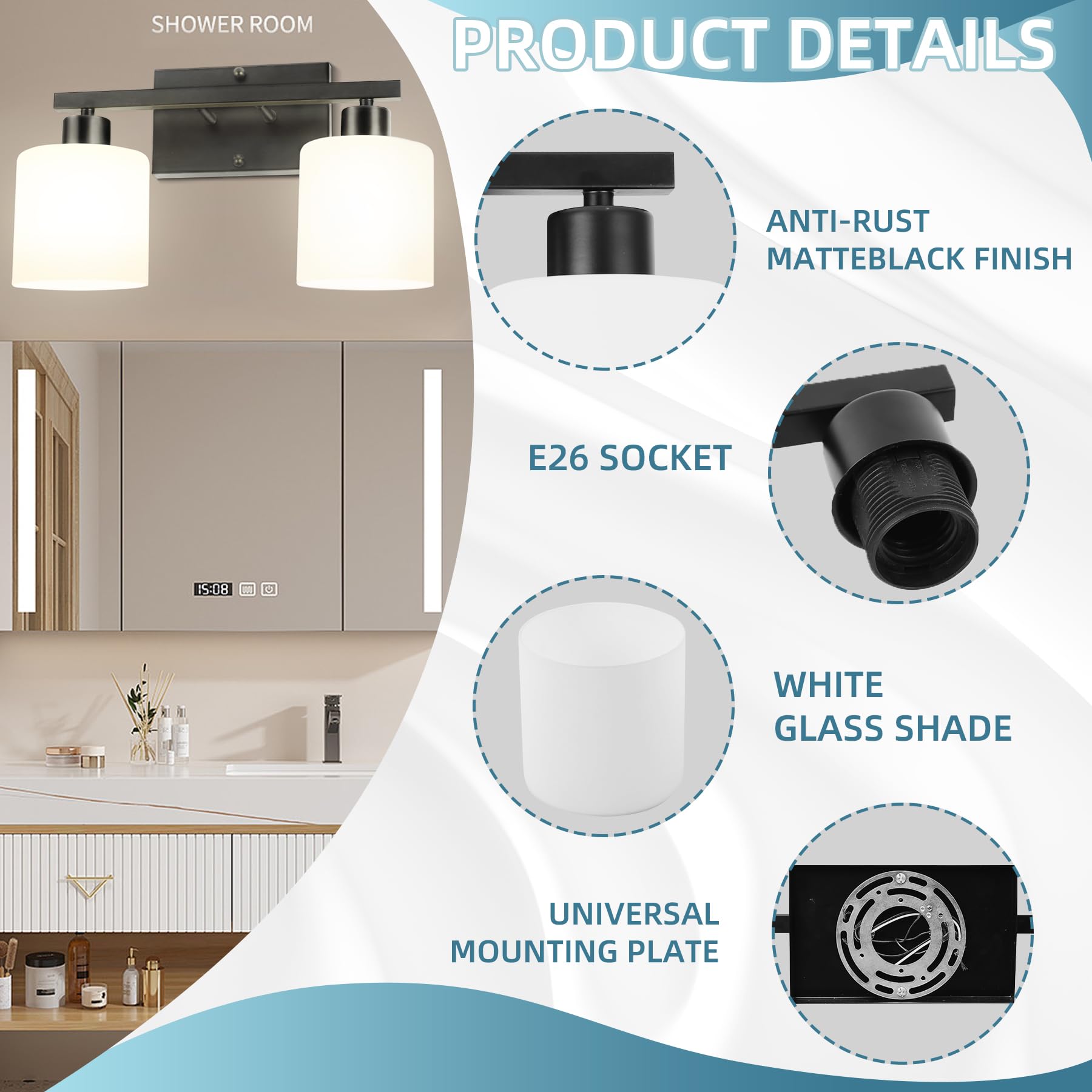 Modern Matte Black Vanity Light - 2-Light Bathroom Fixture for Bedroom & Living Room - E26 Socket, No Bulbs