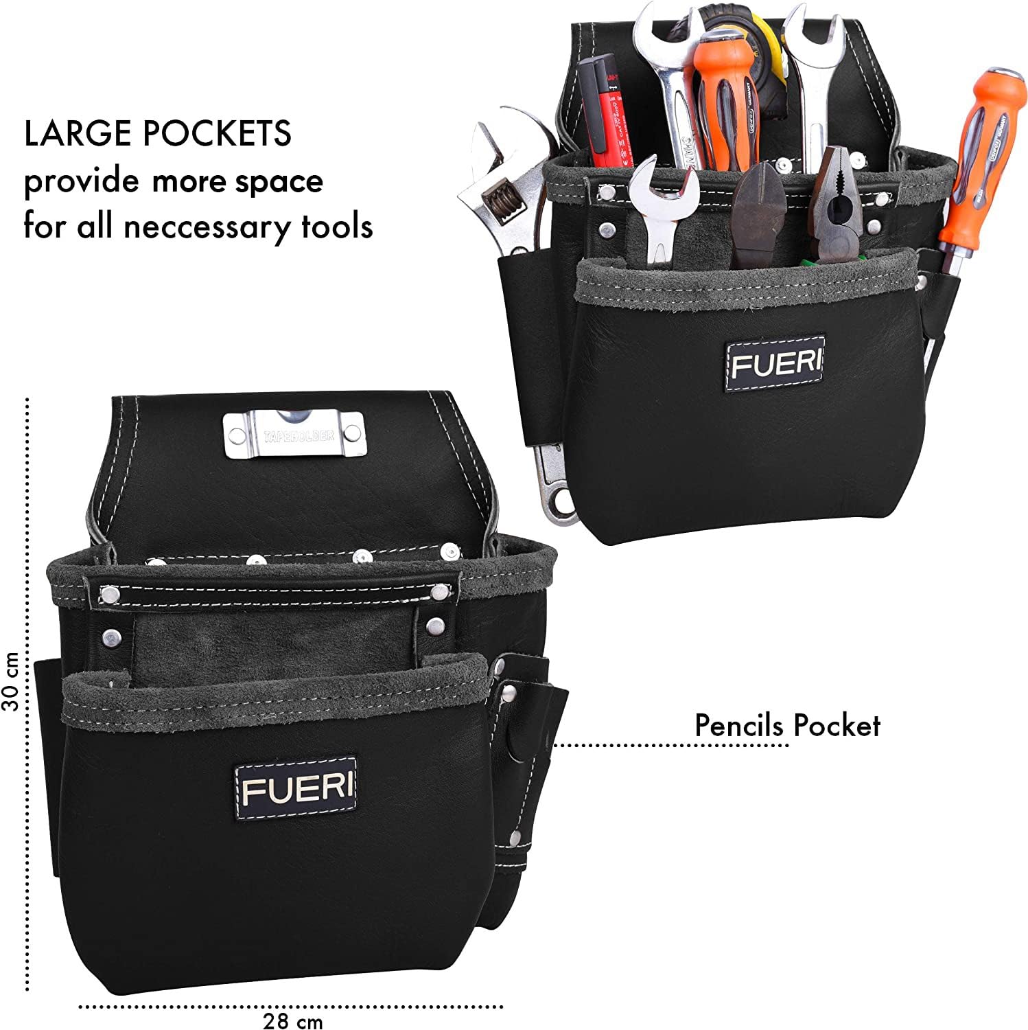 FUERI Heavy Duty Leather Tool Belt Bag for Men & Women - 17 Pocket Carpenter Electrician Construction Pouch Organizer with Belt Holder - Perfect for DIY Projects, Home Repairs & Professional Work