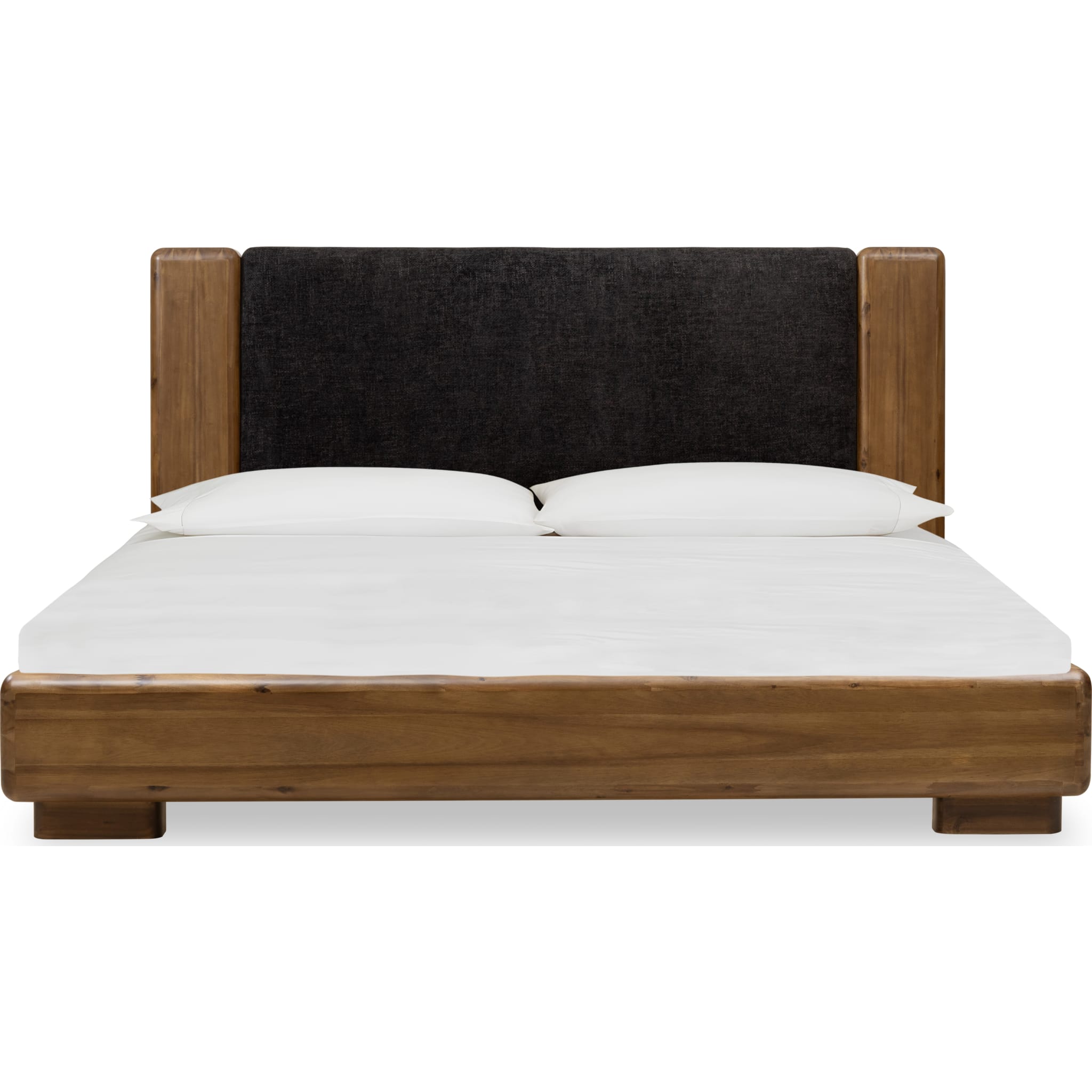 Boka Chenille Upholstered Acacia Wood Platform Bed Frame - Queen Size Black & Impala for Modern Bedroom | Sturdy Wooden Bed with Upholstered Headboard | Perfect for Master Bedroom, Guest Room or Apartment
