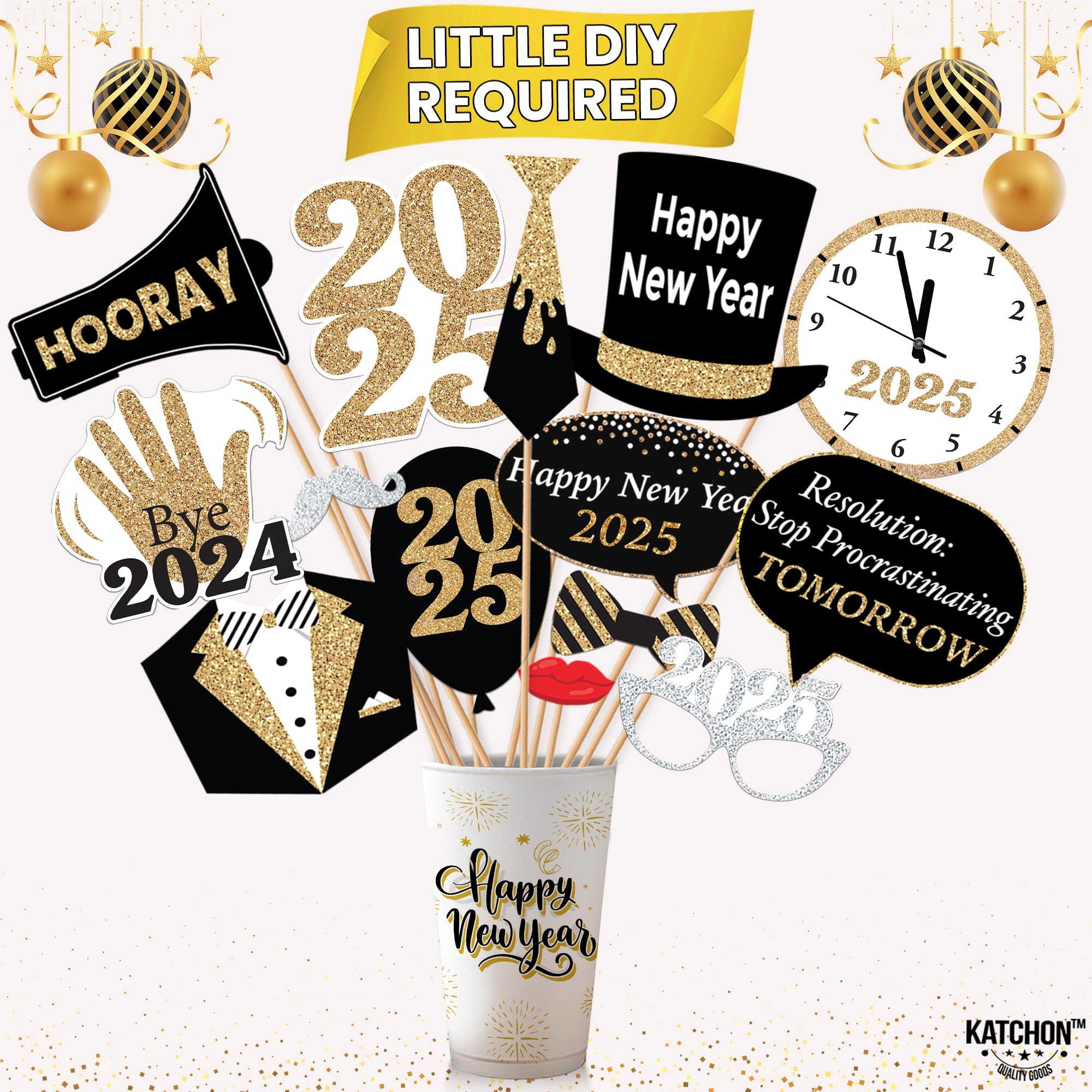 KatchOn 2025 New Year's Eve Photo Booth Props Kit - 40-Piece Set for NYE Party Decorations & Photo Backdrop Accessories | Perfect for New Year's Eve Celebrations, Countdown Parties & Social Media Photos