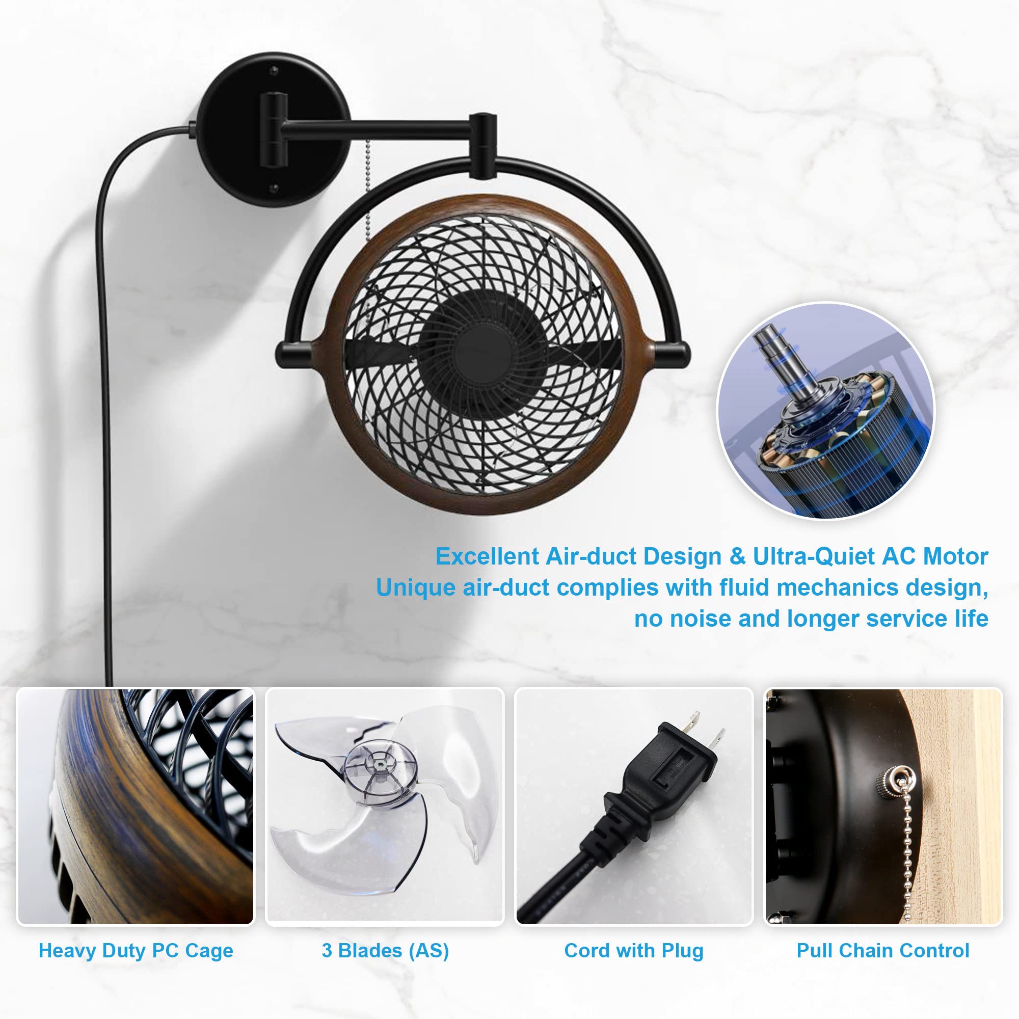 Parrot Uncle 10 Inch Vintage Wall Mount Fan - Oscillating, Plug-in, Adjustable Arm, Small Folding Rotating Fan for Bathroom, Kitchen, Dining Room (Walnut) | Perfect for Home Cooling, Air Circulation & Space Saving