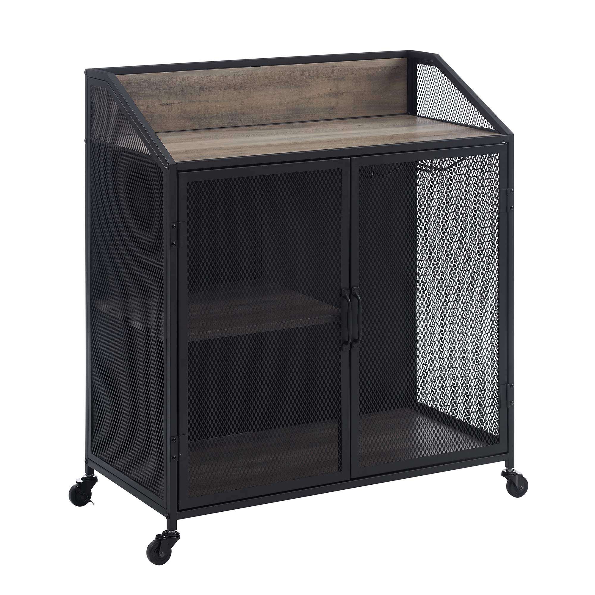 Walker Edison Malcomb Urban Industrial Metal Mesh Double Door Rolling Bar Cabinet, 33 Inch, Grey - Perfect for Home Bars, Kitchen Storage & Living Room Organization