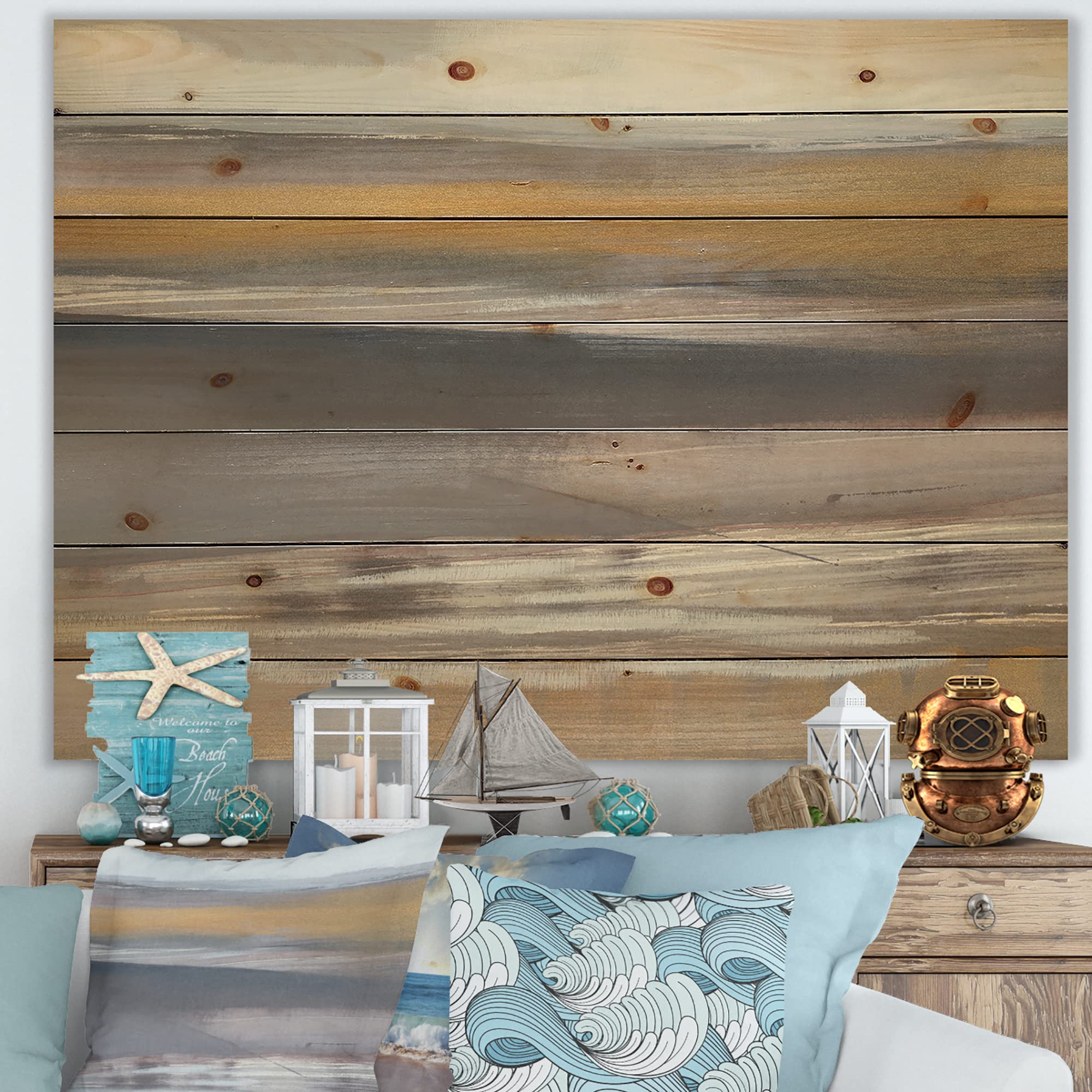 DesignQ Misty Grey Beach Nautical & Coastal Wood Wall Decor - Large Pine Wood Wall Art with Ocean Theme - Perfect for Coastal Living Rooms, Beach House Decor & Seaside Bedroom Wall Panels