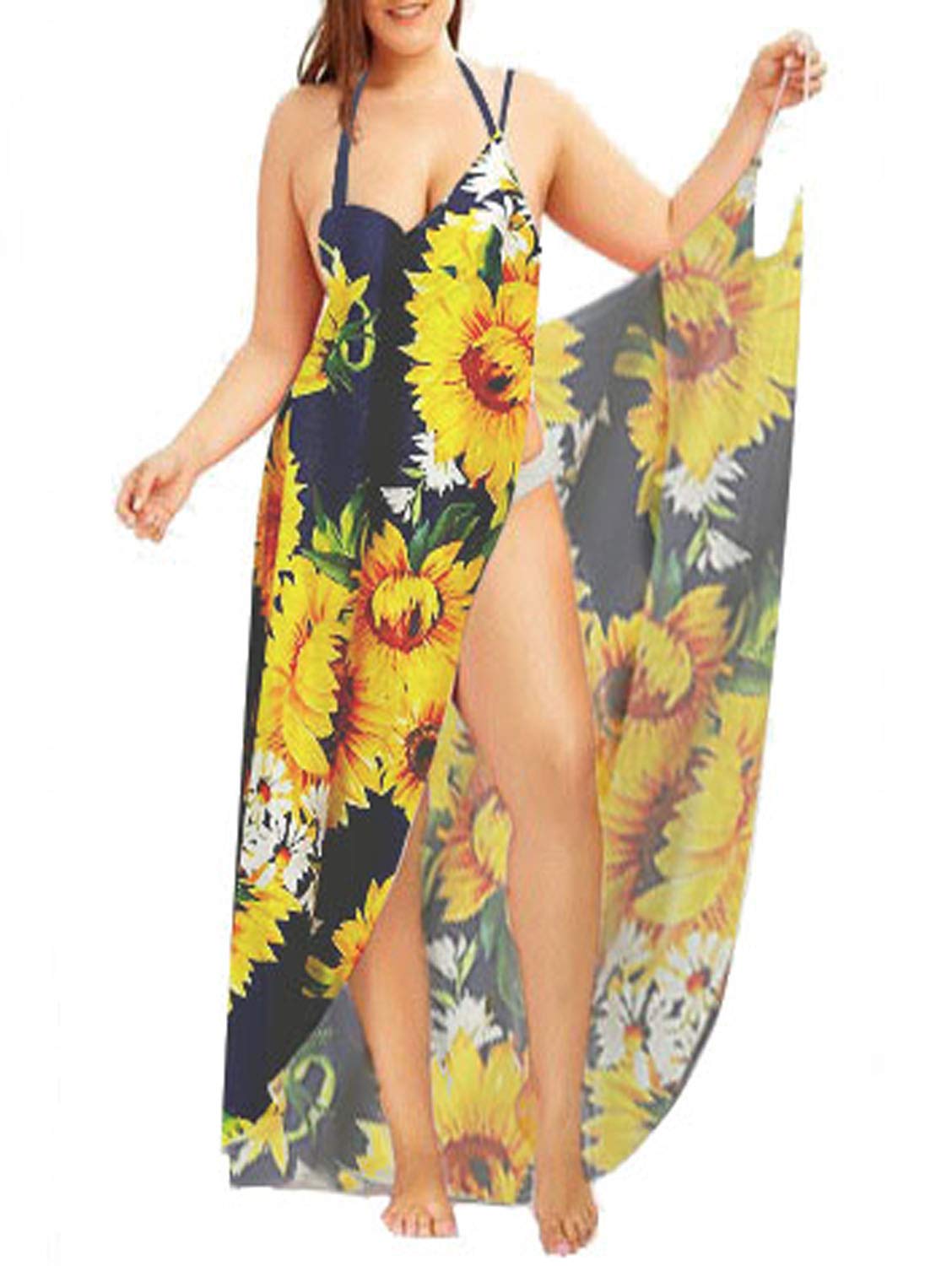 Plus Size Spaghetti Strap Cover Up Beach Backless Wrap Long Dress - Flowy Summer Maxi Dress for Women, Boho Chic Swim Coverup, Poolside & Vacation Outfit