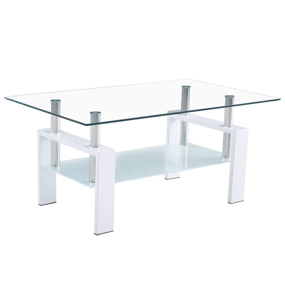 Teeker Modern Coffee Table & Dining Table with Tempered Glass Top, Storage Shelf & Stainless Steel Legs - Accent Table for Living Room, Dining Room (White & Transparent) - Perfect for Small Spaces, Apartments & Home Decor