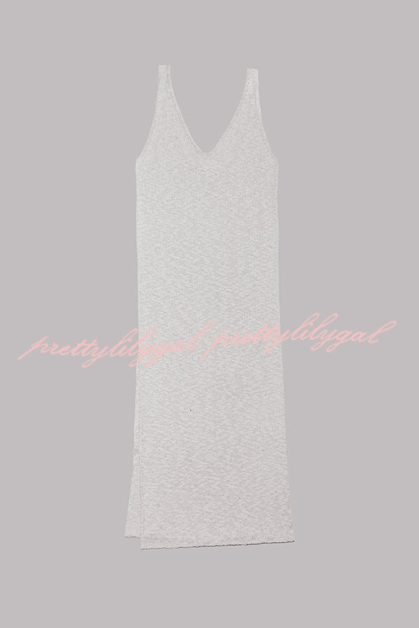 Vacation Breeze Knit Slit Loose Tank Midi Dress - Summer Beach Dress for Women, Casual Sleeveless Flowy Dress for Travel, Vacation, and Outdoor Activities
