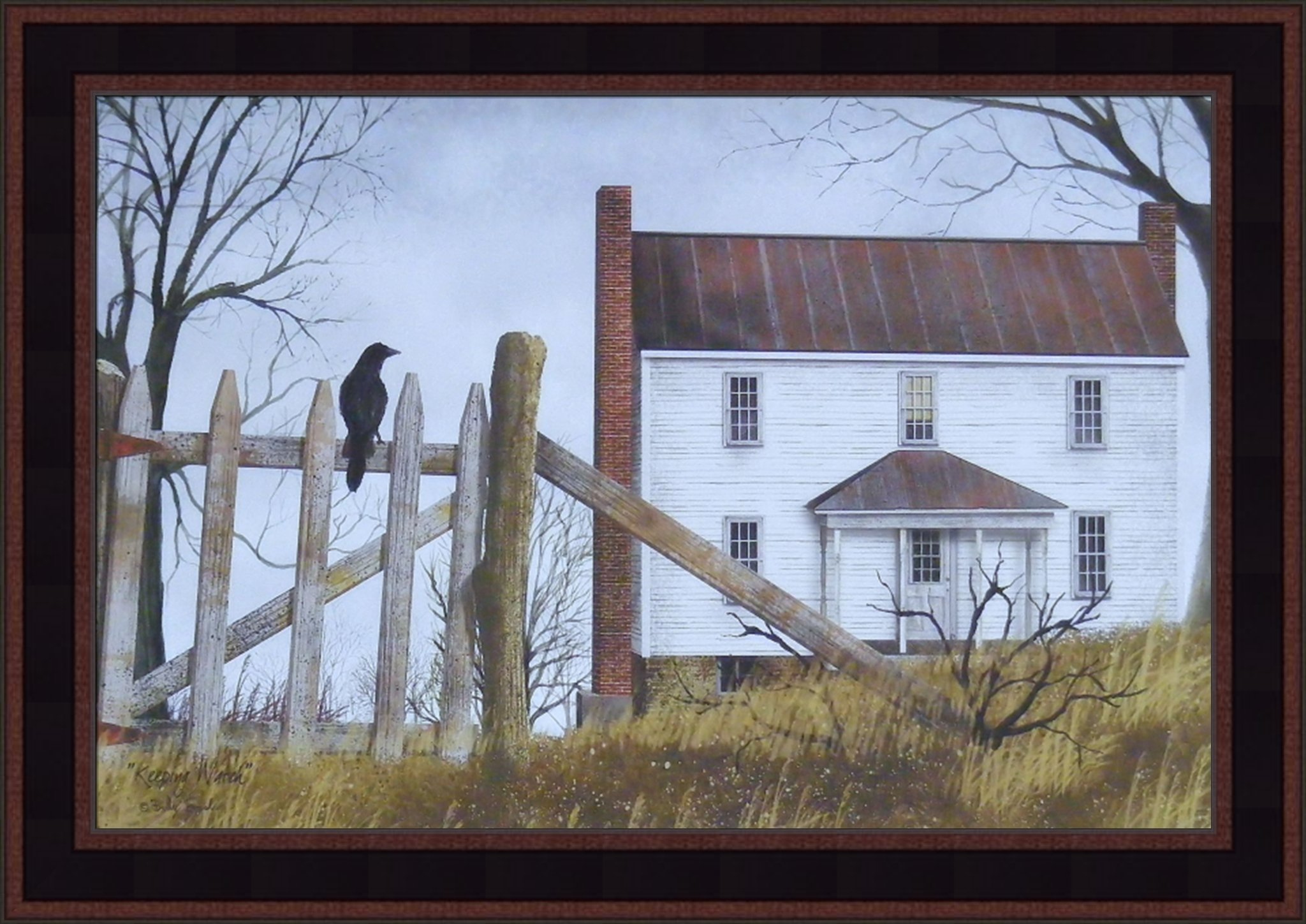 Billy Jacobs Framed Folk Art Print - 15x21 Crow Black Bird Fence Country House Landscape Wall Decor for Cabin, Farmhouse & Rustic Home Interiors | Perfect for Living Room, Bedroom or Office