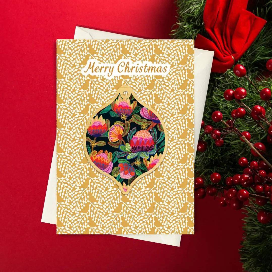 Protea Australis Christmas Card & Wooden Ornament Set - Handmade Holiday Greeting Card with Wooden Floral Decor - Perfect for Christmas Tree Decorations, Gift Exchanges & Festive Home Decor