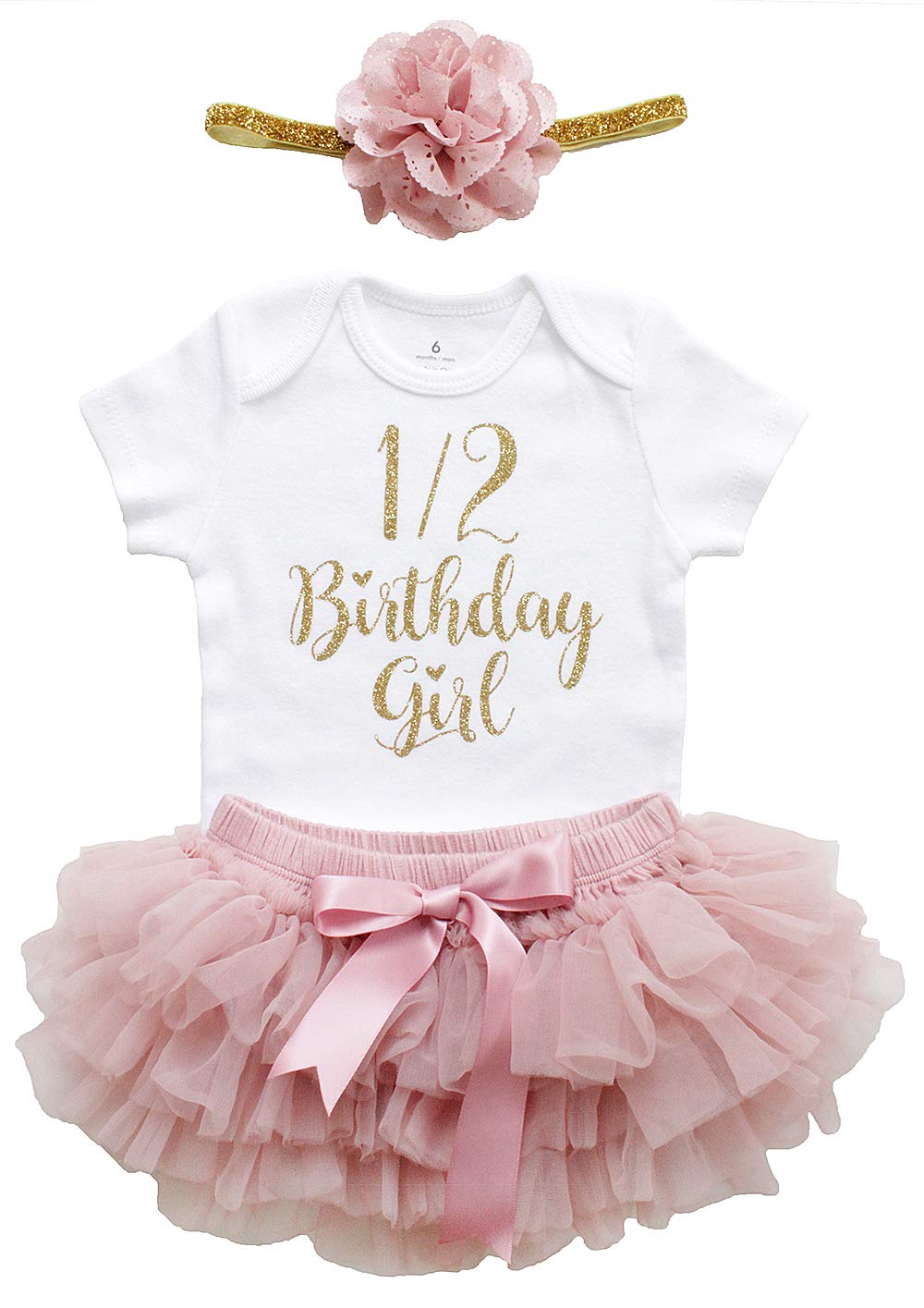LilPinkGoose Baby Girl Half Birthday Outfit Set - Gold Glitter Dusty Rose Bodysuit with Tutu & Bloomers (3PCS) | Perfect for 1/2 Year Photo Shoots, Birthday Parties & Special Occasions