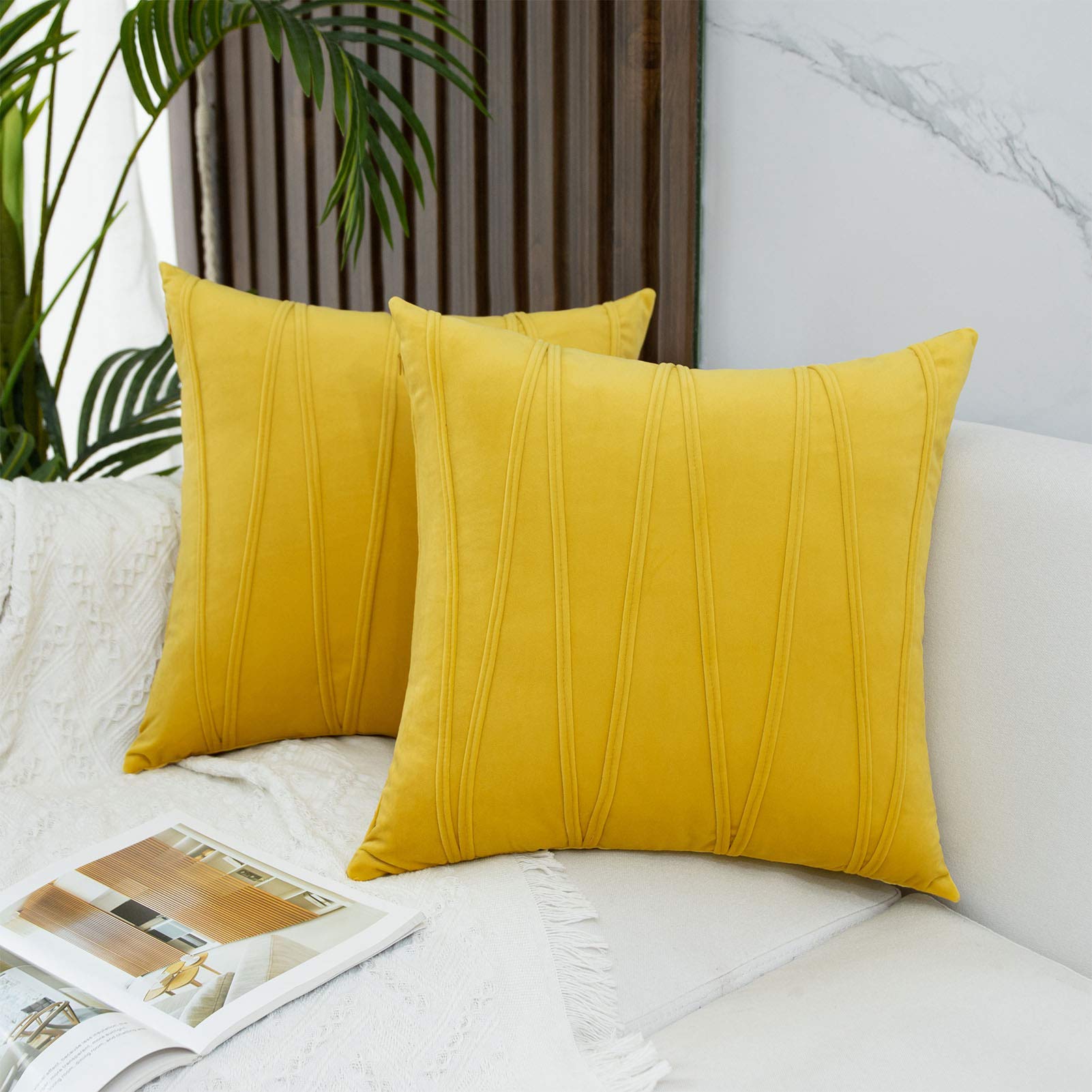 JUSPURBET Velvet Striped Decorative Throw Pillow Covers - Set of 2 (20x20 Inches) - Soft Yellow Cushion Covers for Sofa, Couch & Bed - Perfect for Living Room, Bedroom & Home Decor