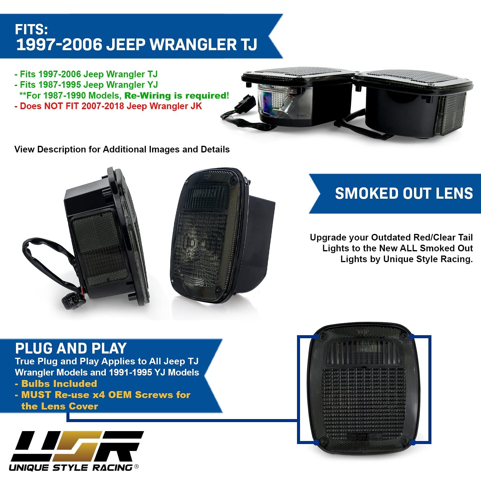 USR DEPO 97-06 Jeep Wrangler TJ Tail Lights with White LED Side Marker Lights - Smoked Lens 6-Piece Plug & Play Combo Set - Fits 1997-2006 Wrangler TJ Models - Perfect for Off-Roading & Night Driving