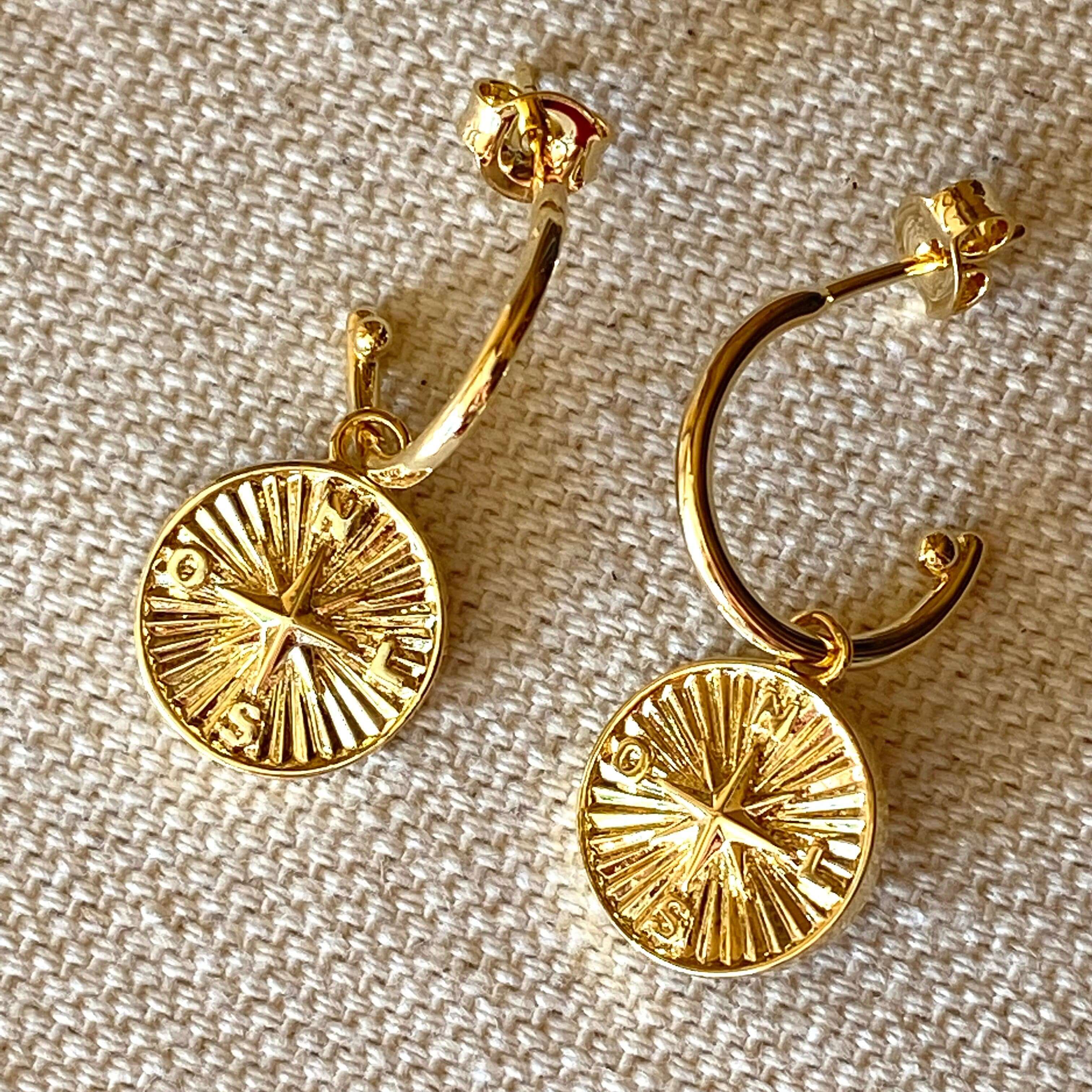 18K Gold Filled C Hoop Earrings with Dainty Compass Charm - Elegant Minimalist Jewelry for Everyday Wear, Travel & Adventure Gifts