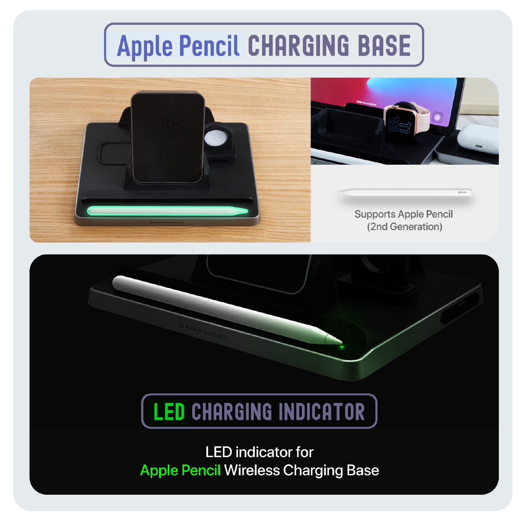 ADAM elements Omnia Q5 5-in-1 Wireless Charging Station - Qi-Certified Fast Charger for iPhone 8-16 Series, Apple Watch, AirPods 2/Pro, Apple Pencil 2 & Android Phones | Perfect for Home, Office & Travel Multi-Device Charging