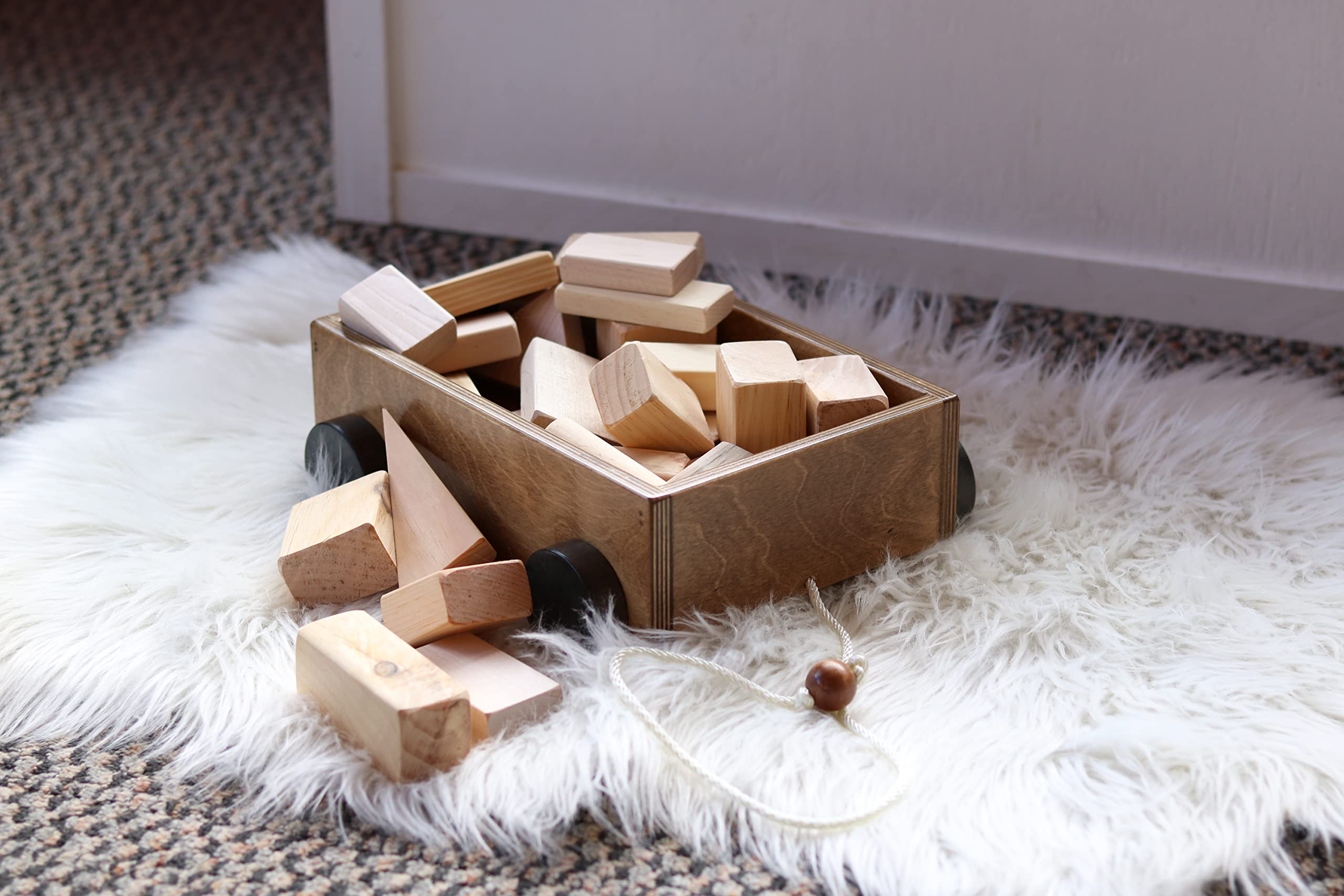 AmishToyBox.com Wooden Pull Wagon Toy for Toddlers with 24 Natural Wood Building Blocks - Classic Harvest Stain | Kids Learning & Pretend Play, Nursery Decor, Montessori Educational Gift