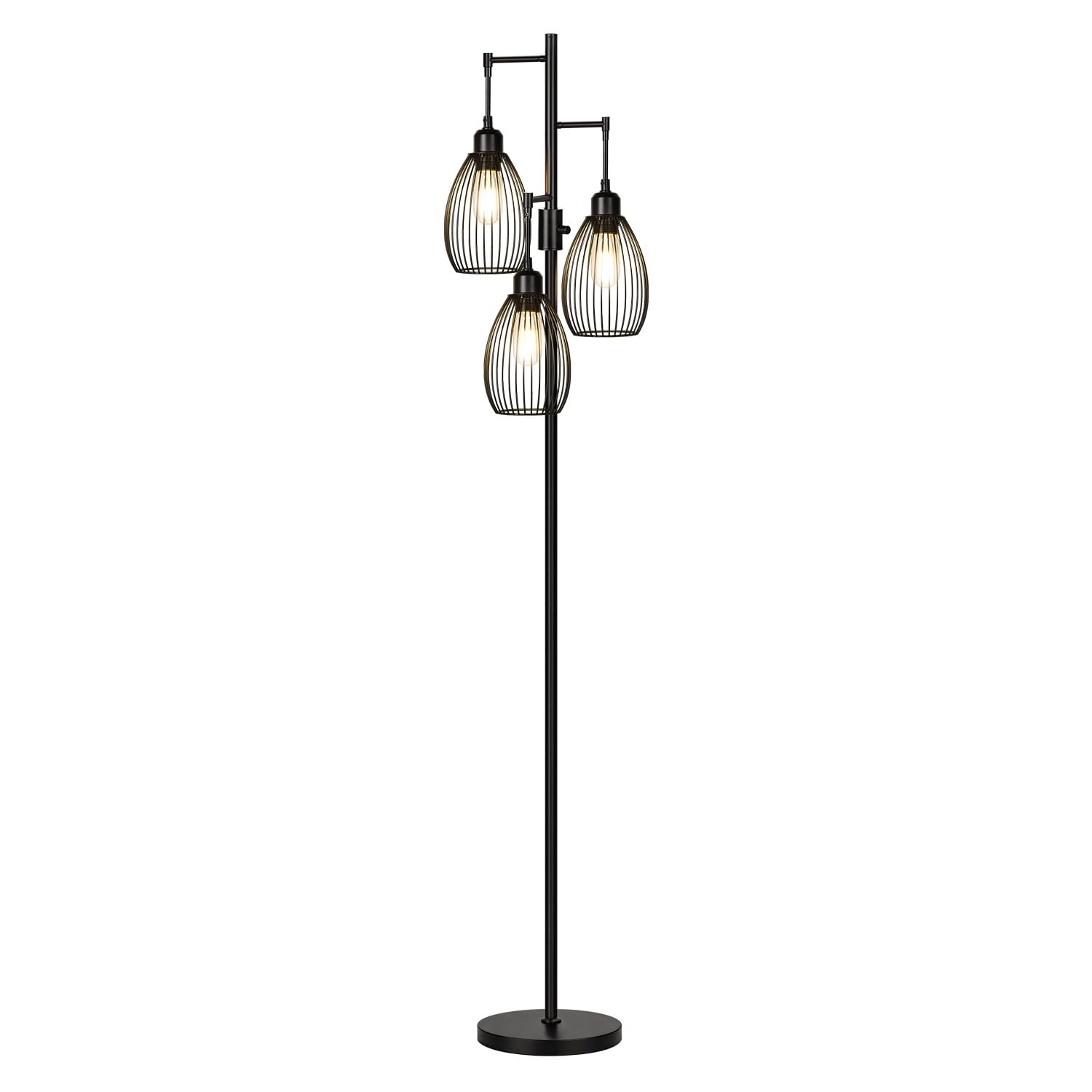 Dimmable Floor Lamp with 3 x 800LM LED Edison Bulbs - Industrial Farmhouse Standing Tree Lamp with Teardrop Cage - Tall Lighting for Living Room, Bedroom, Office & Dining Room - Black | Perfect for Reading, Relaxing & Home Decor