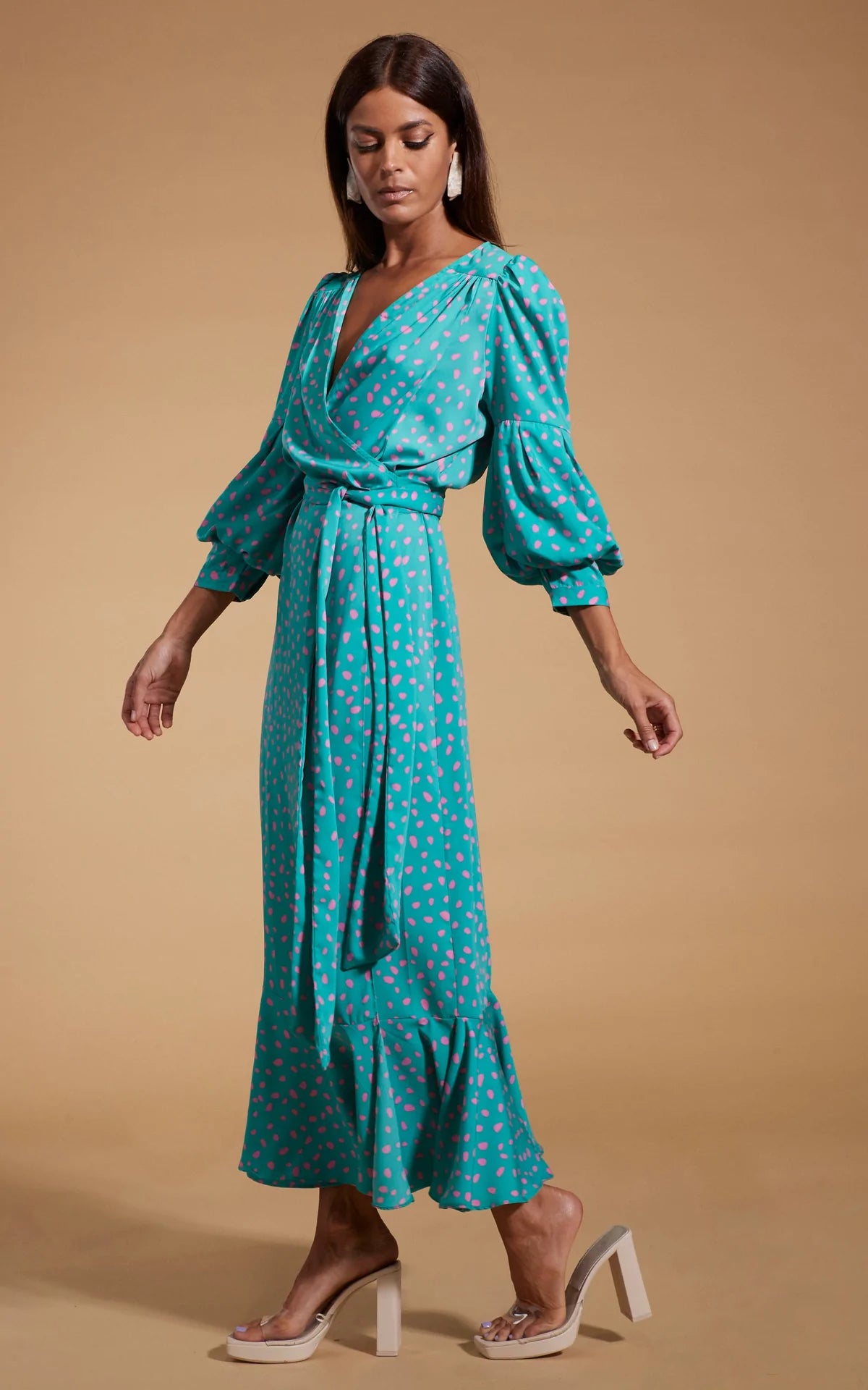 Havannah Maxi Wrap Dress - Abstract Pink on Sea Green Floral Print, Women's Boho Summer Beach Dress for Vacation, Wedding, and Casual Outings