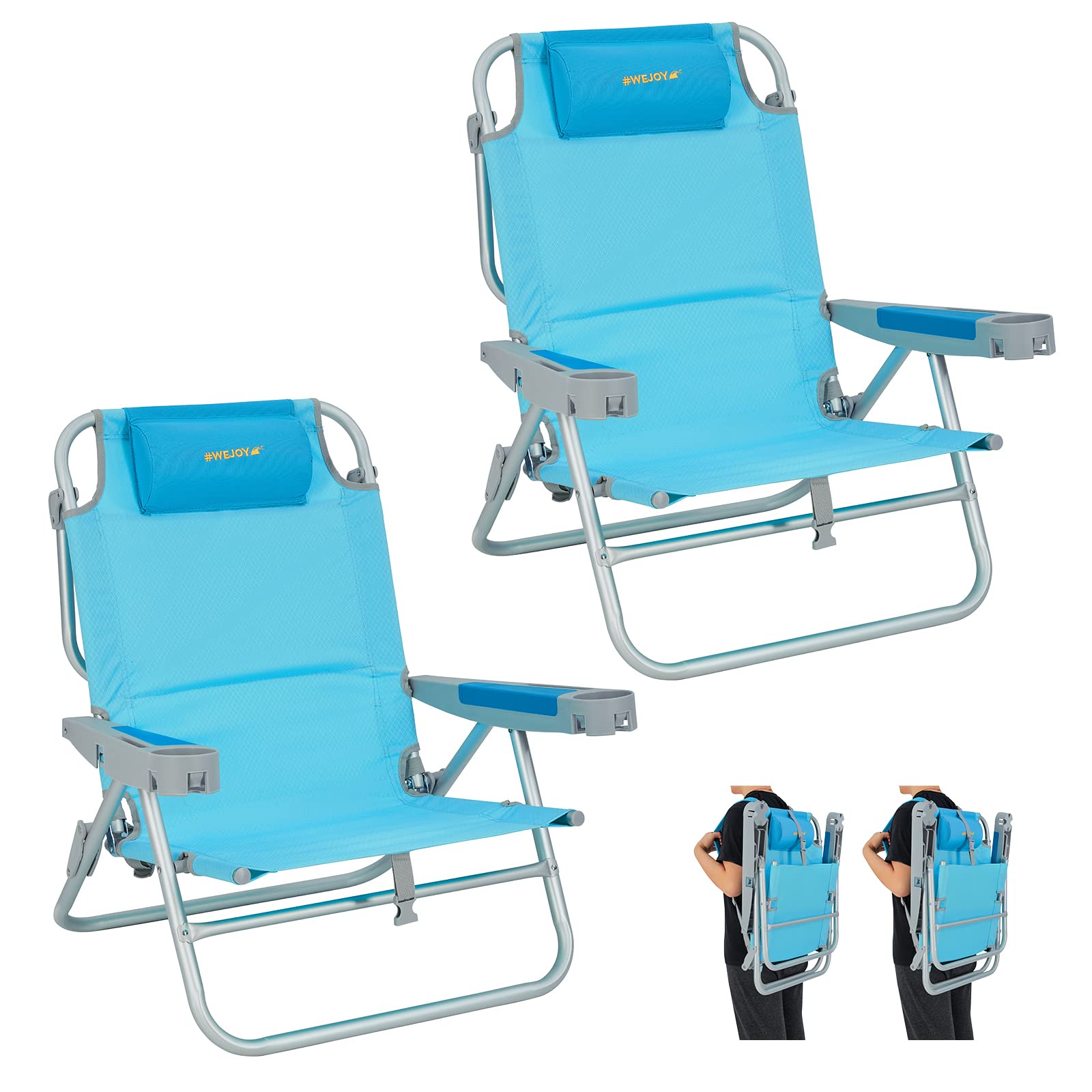 WEJOY 2 Pack Oversized Backpack Beach Chairs - 5 Position Adjustable Folding Recliner with High Back Support, Portable Low Profile Chair for Adults - Includes Backpack Straps, Cup Holder & Phone Pocket - Perfect for Beach, Camping, Picnics & Outdoor Events (Supports 300 lbs)