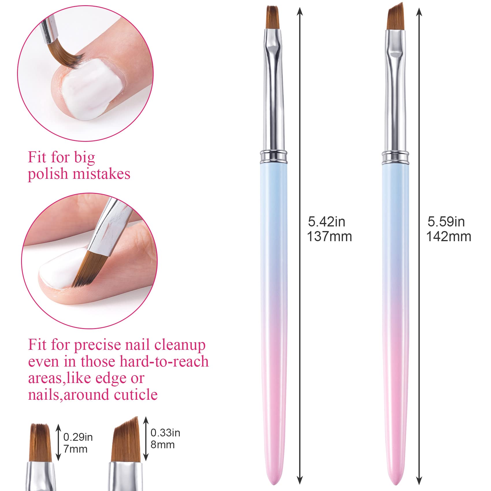 ANCIRS 2 Pack Professional Nail Cleaning Brushes - 8mm Flat & 7.5mm Angled Head, Acetone-Resistant Nail Art Manicure Tools for Polish and Cuticle Cleanup | Perfect for Salon, Home Manicure & DIY Nail Care
