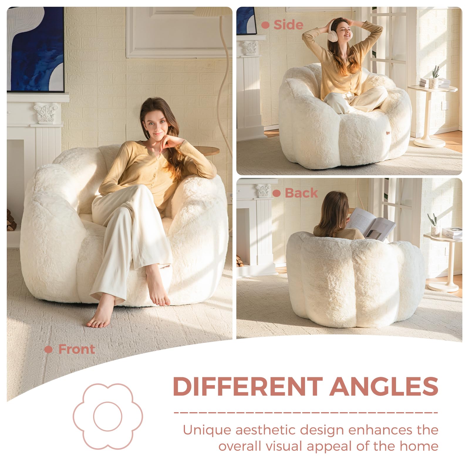 MAXYOYO Floral Bean Bag Chair - Ultra Soft Faux Fur Petal Back Sofa for Adults, Single Size Beige | Cozy Lounge Chair for Living Room, Bedroom & Game Room Relaxation