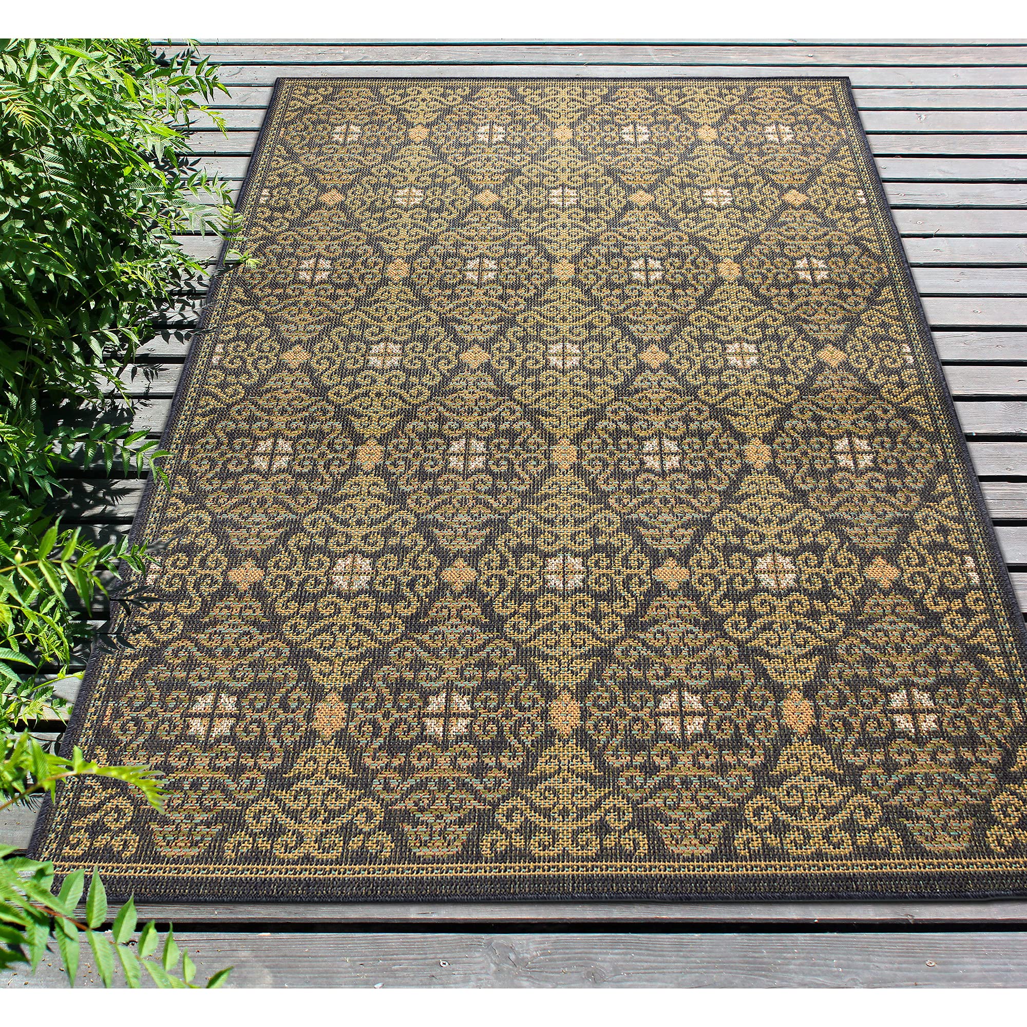 Liora Manne Patio Low Profile Easy Care Weather Resistant Indoor/Outdoor Rug - Geometric Suzani Diamonds Navy 6'6