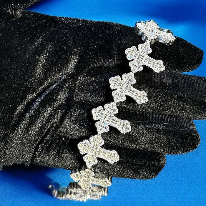 Moissanite Cross Link Bracelet for Men - 925 Sterling Silver & 14K Gold Plated - Elegant Religious Jewelry Gift for Him - Perfect for Church, Weddings & Special Occasions